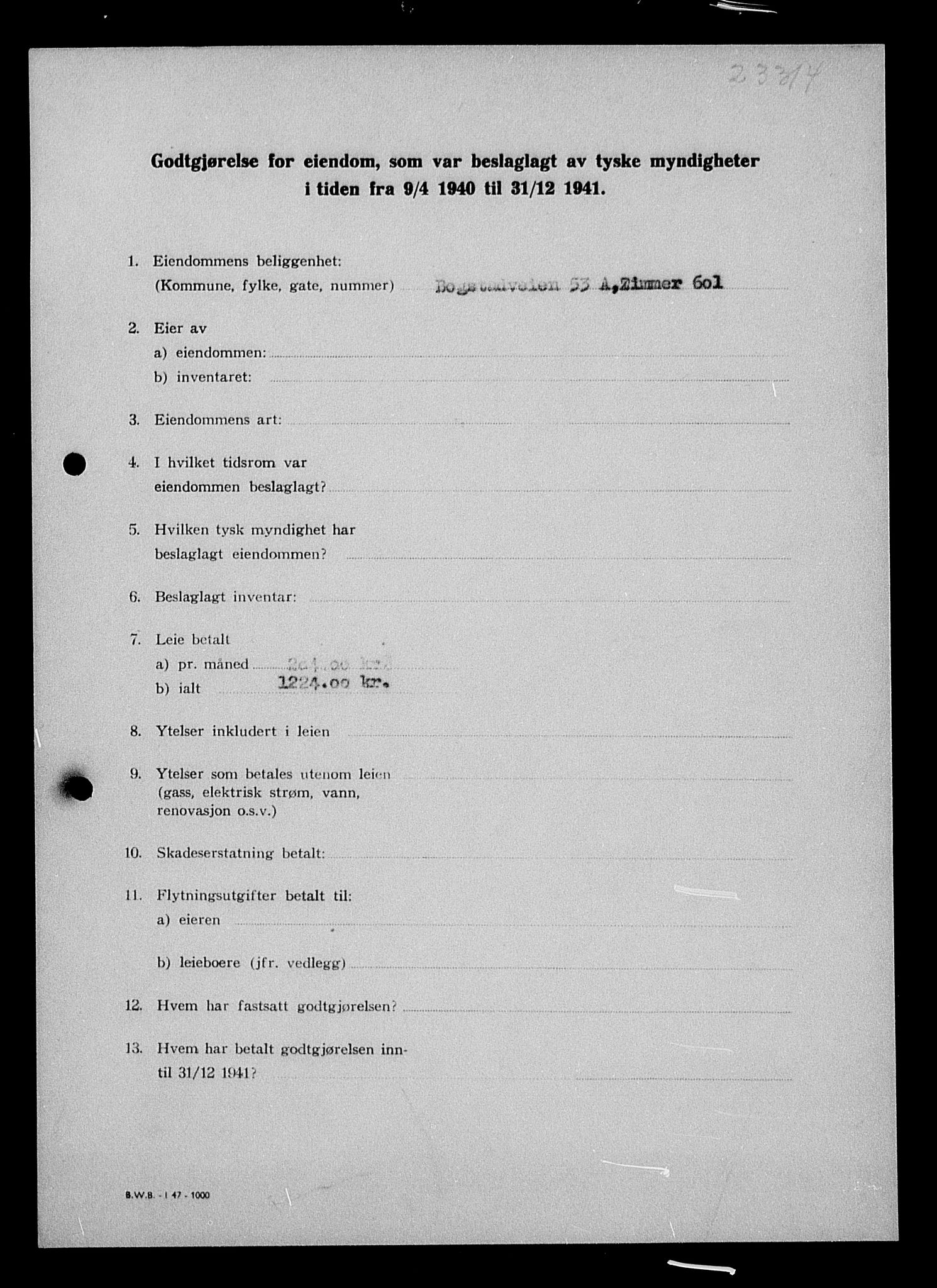 Justisdepartementet, Tilbakeføringskontoret for inndratte formuer, RA/S-1564/I/L1011: Godtgjørelse for beslaglagt eiendom, 1940-1941, p. 779
