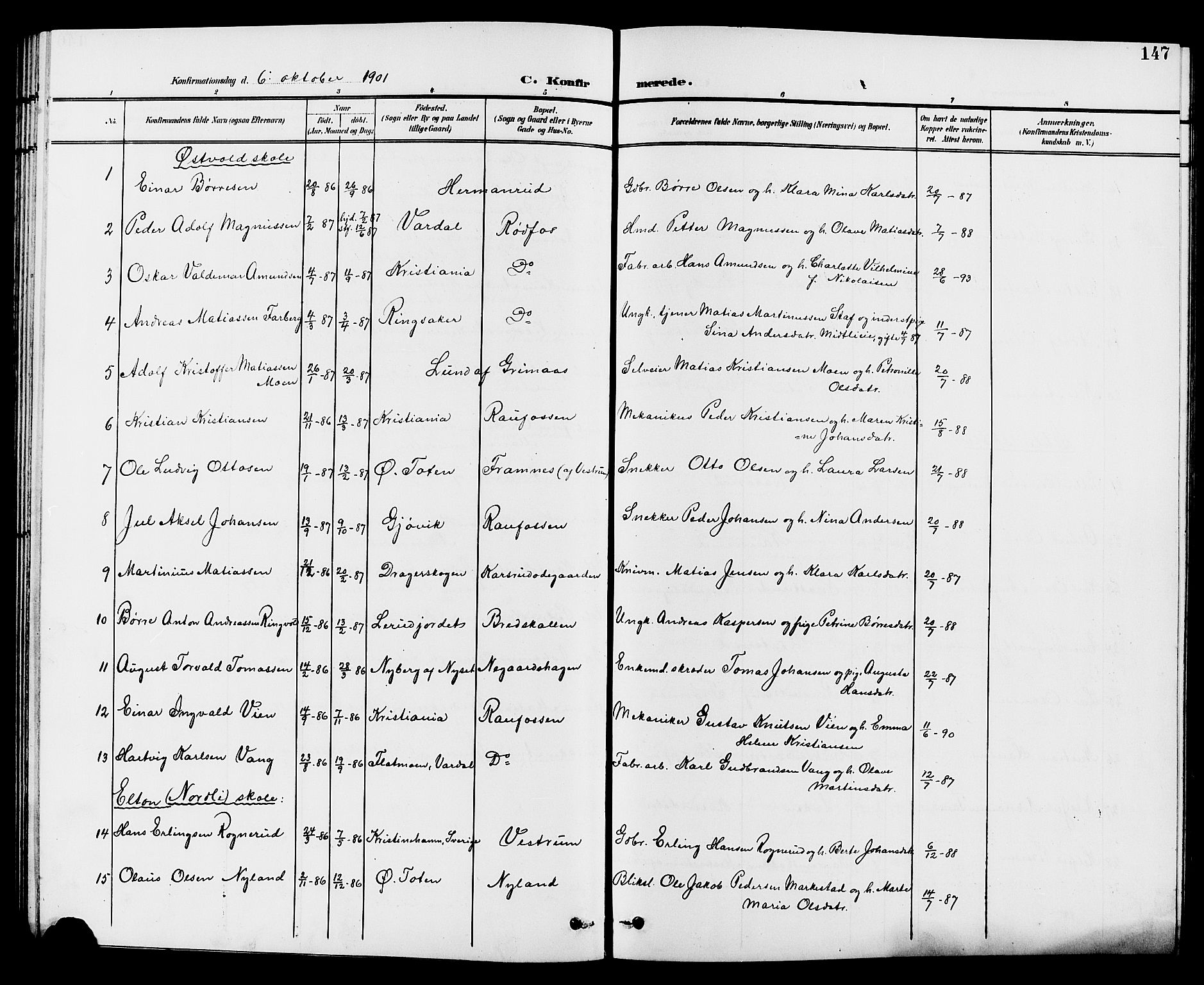 Vestre Toten prestekontor, SAH/PREST-108/H/Ha/Hab/L0010: Parish register (copy) no. 10, 1900-1912, p. 147