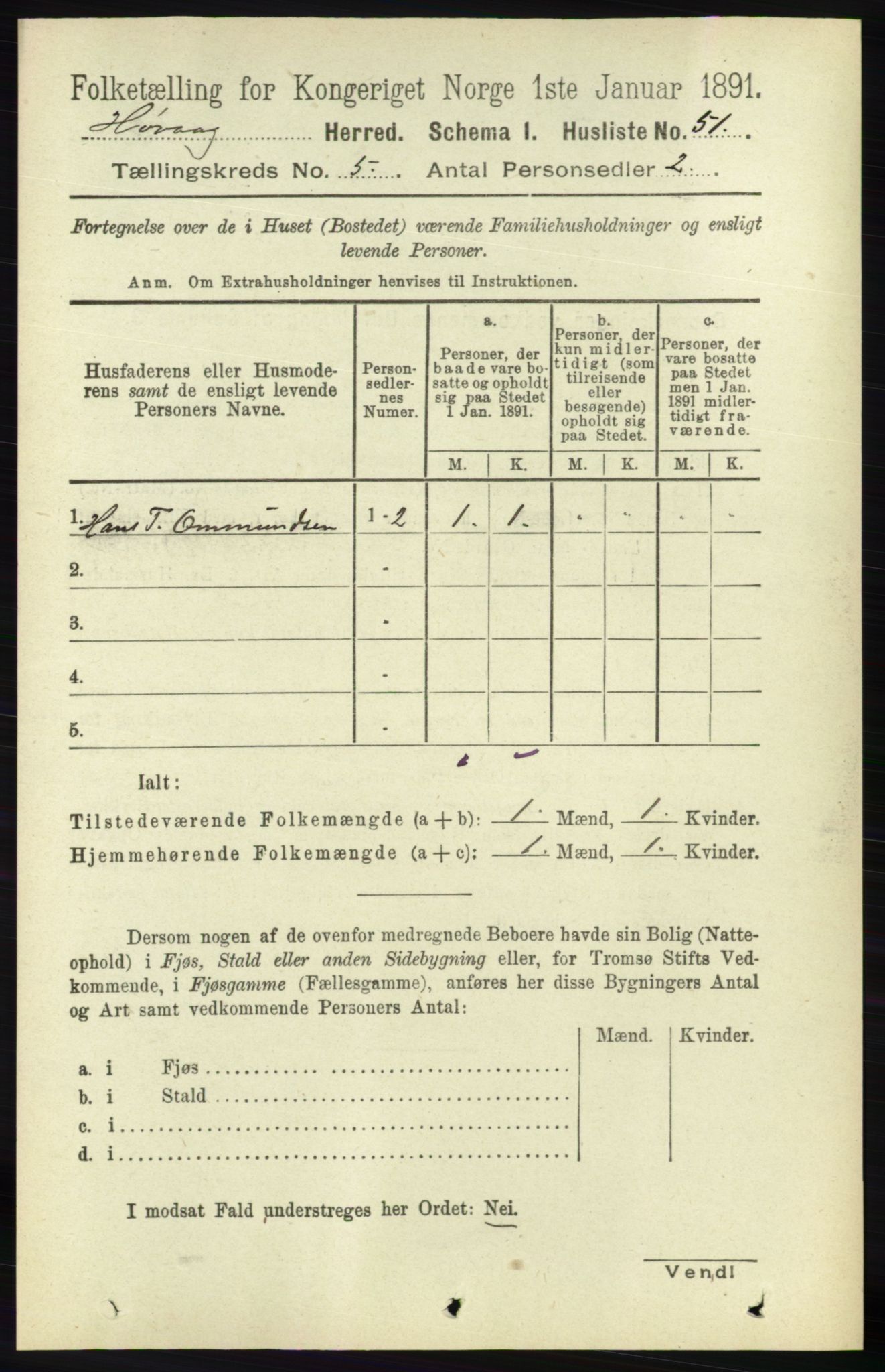 RA, 1891 census for 0927 Høvåg, 1891, p. 1836