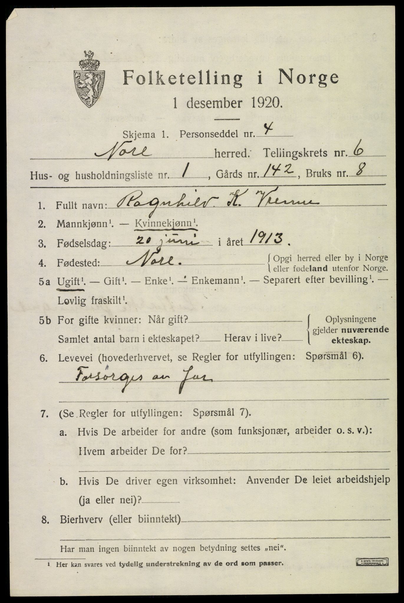 SAKO, 1920 census for Nore, 1920, p. 2484