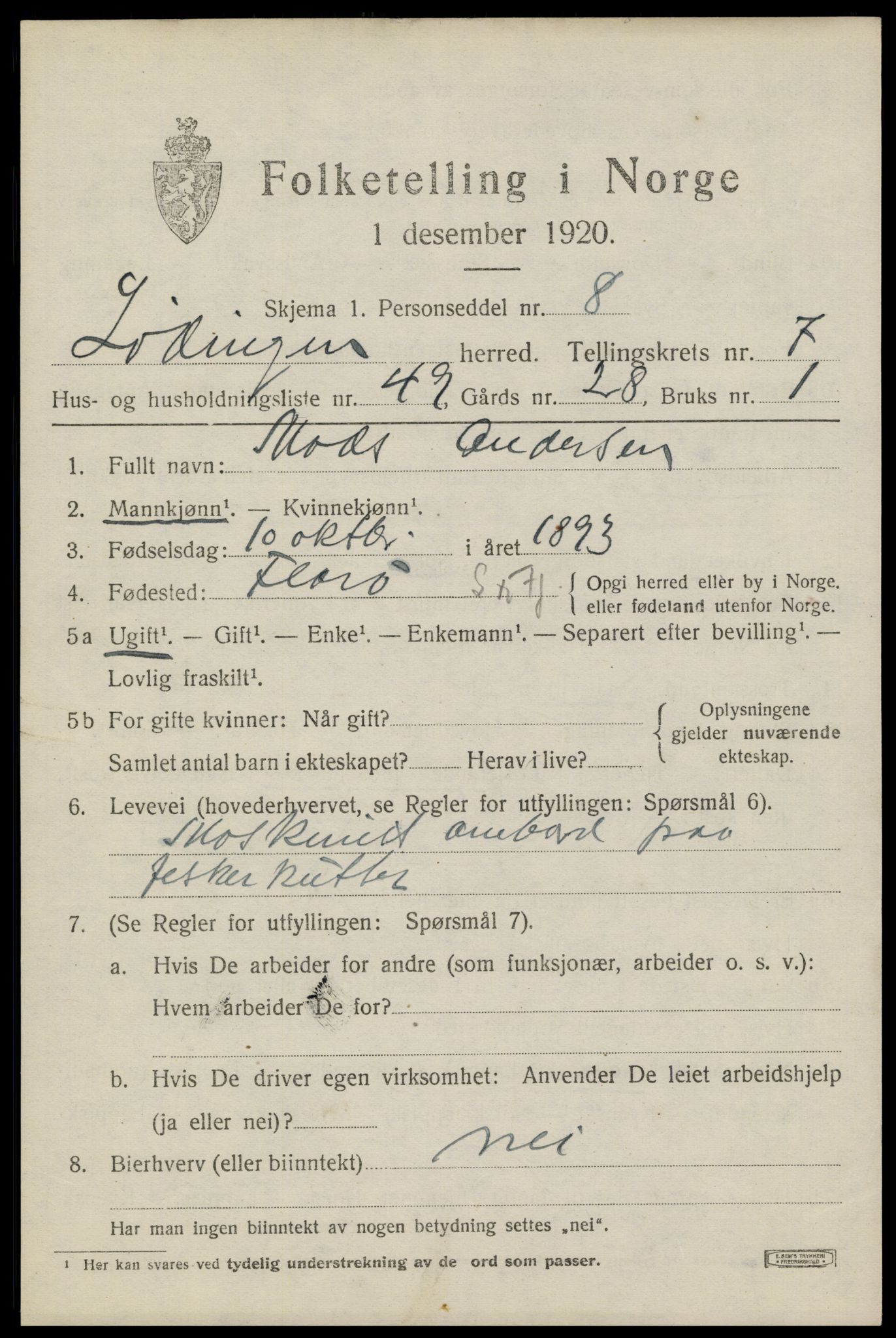 SAT, 1920 census for Lødingen, 1920, p. 4705