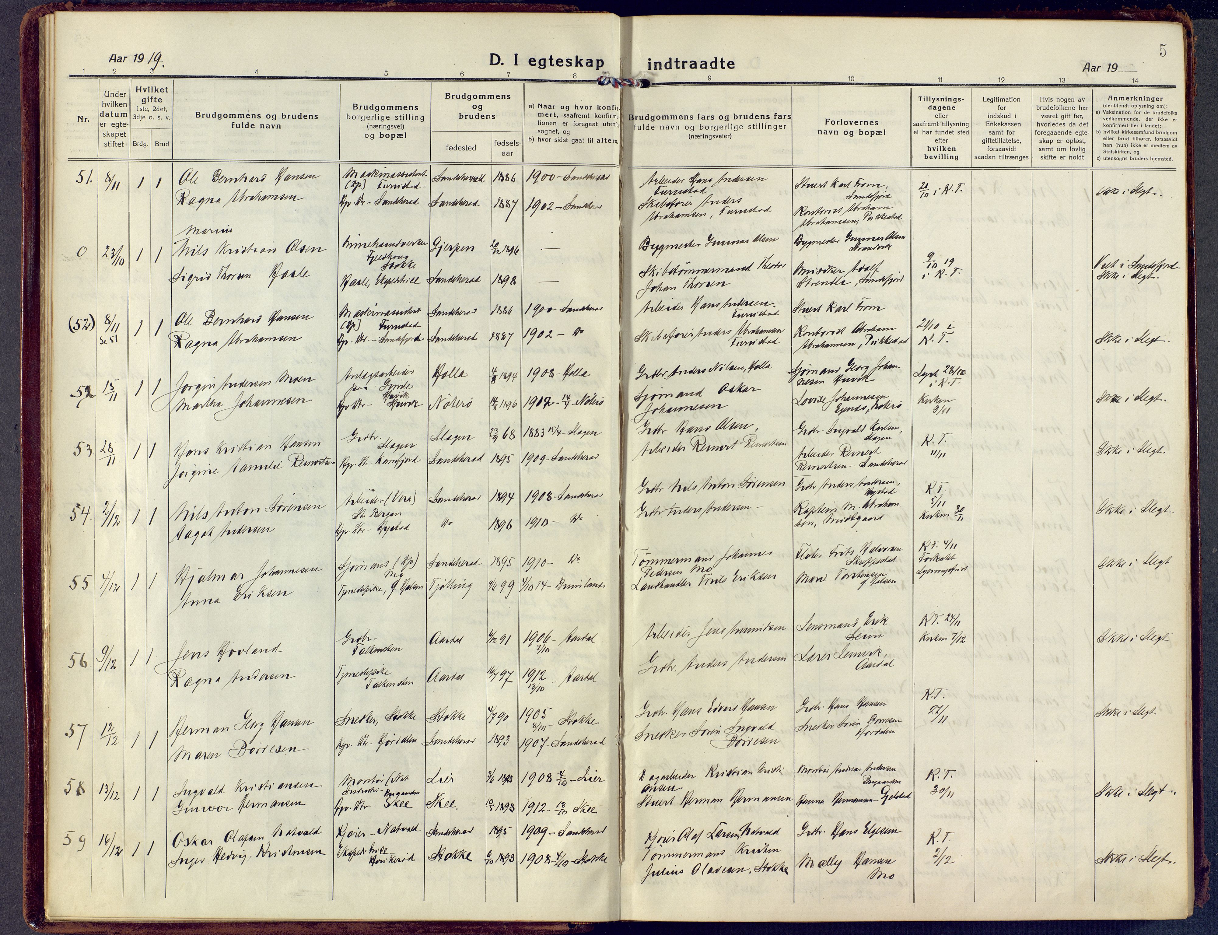 Sandar kirkebøker, SAKO/A-243/F/Fa/L0021: Parish register (official) no. 21, 1919-1925, p. 5