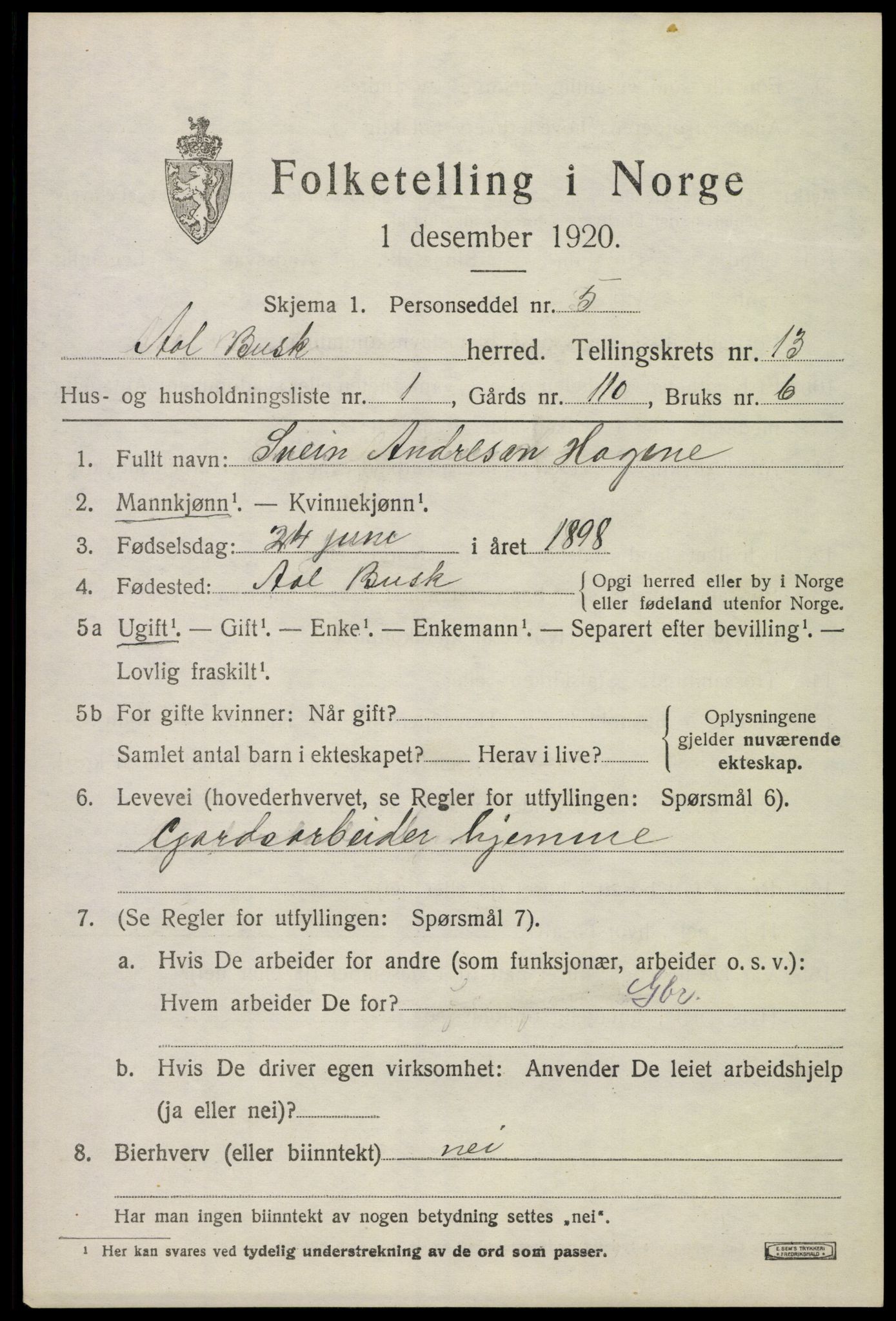 SAKO, 1920 census for Ål, 1920, p. 7182