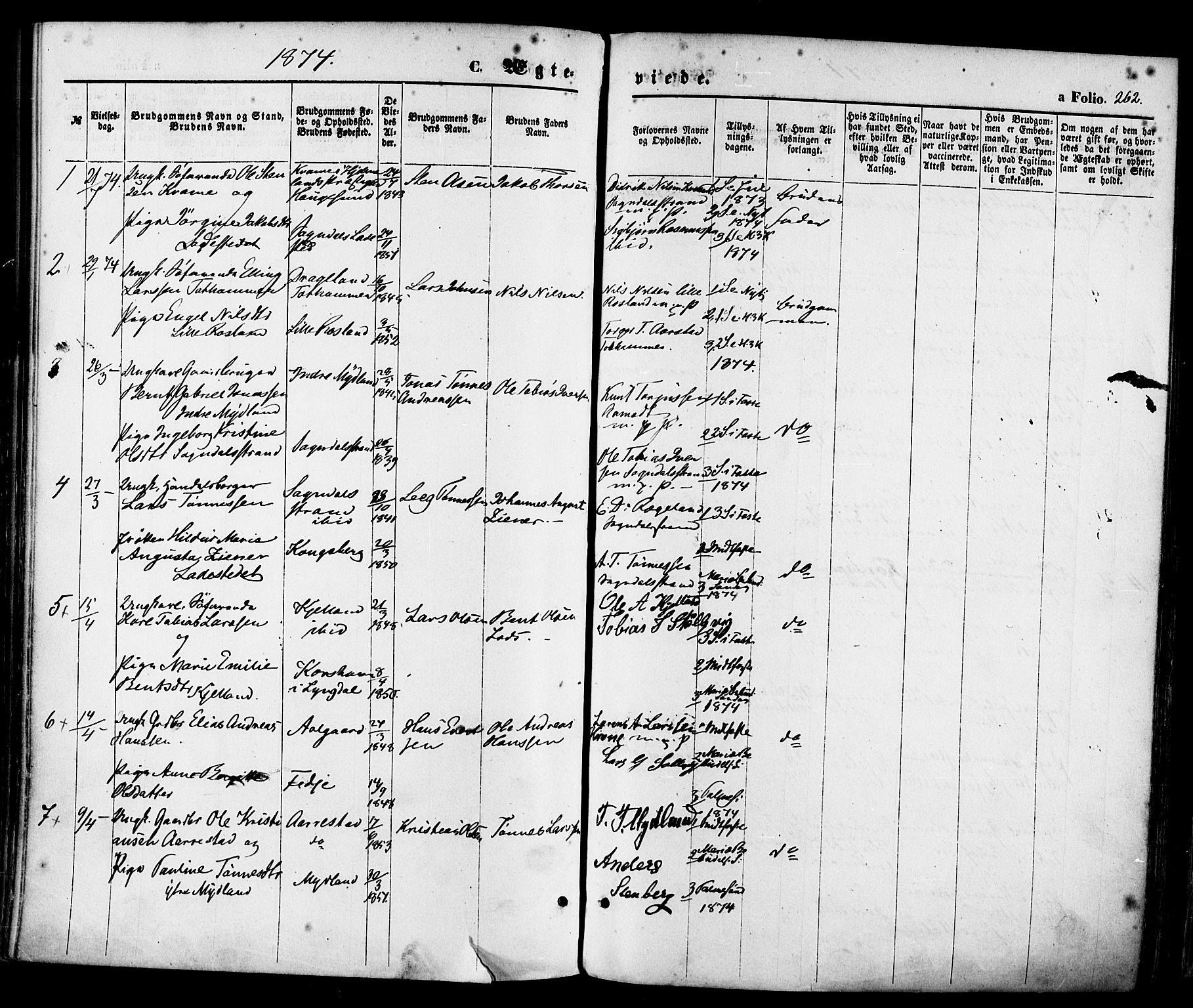 Sokndal sokneprestkontor, AV/SAST-A-101808: Parish register (official) no. A 10, 1874-1886, p. 262