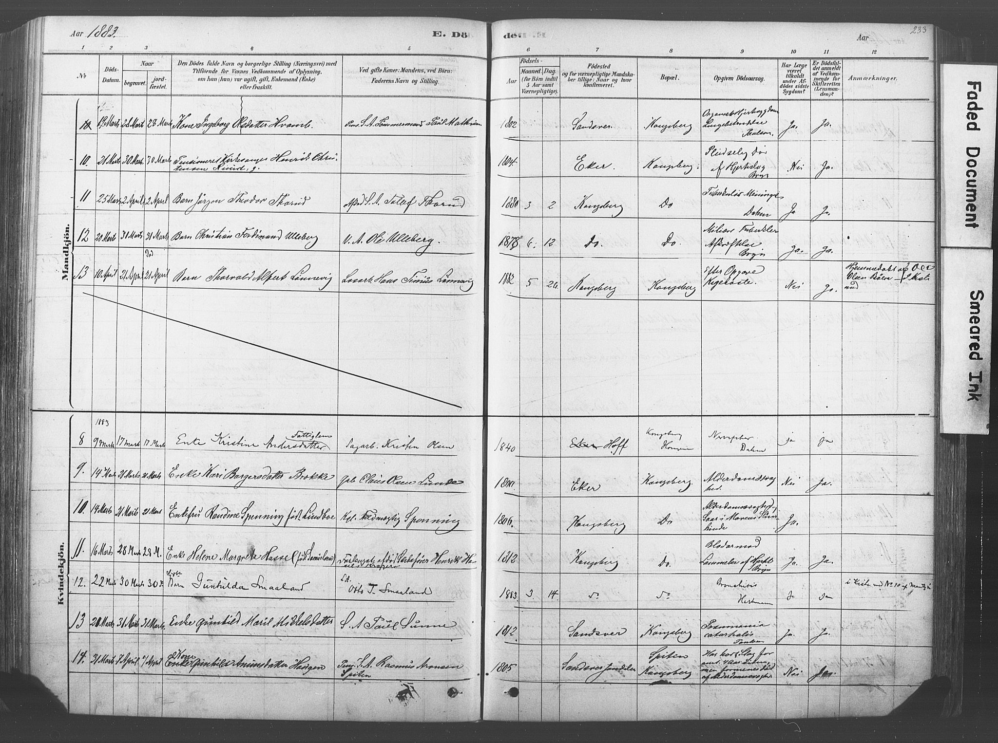Kongsberg kirkebøker, SAKO/A-22/F/Fb/L0001: Parish register (official) no. II 1, 1878-1886, p. 233