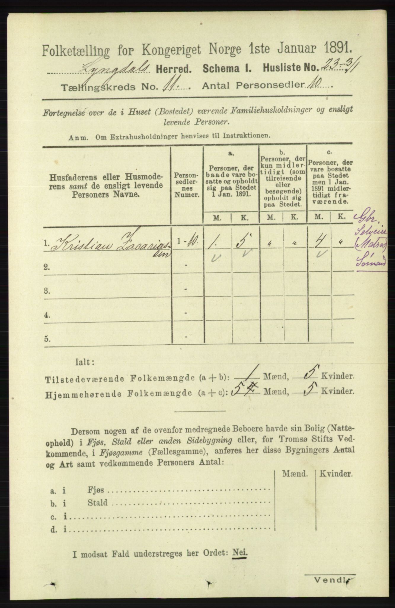 RA, 1891 census for 1032 Lyngdal, 1891, p. 4755