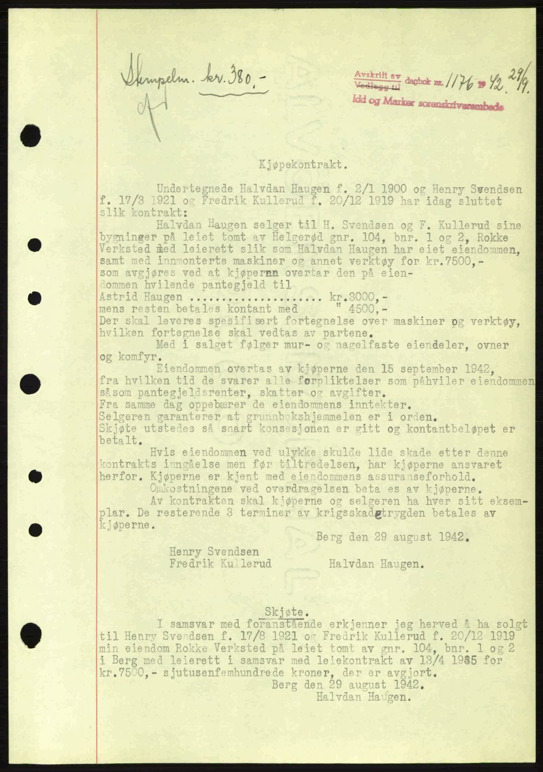 Idd og Marker sorenskriveri, AV/SAO-A-10283/G/Gb/Gbb/L0005: Mortgage book no. A5, 1941-1943, Diary no: : 1176/1942