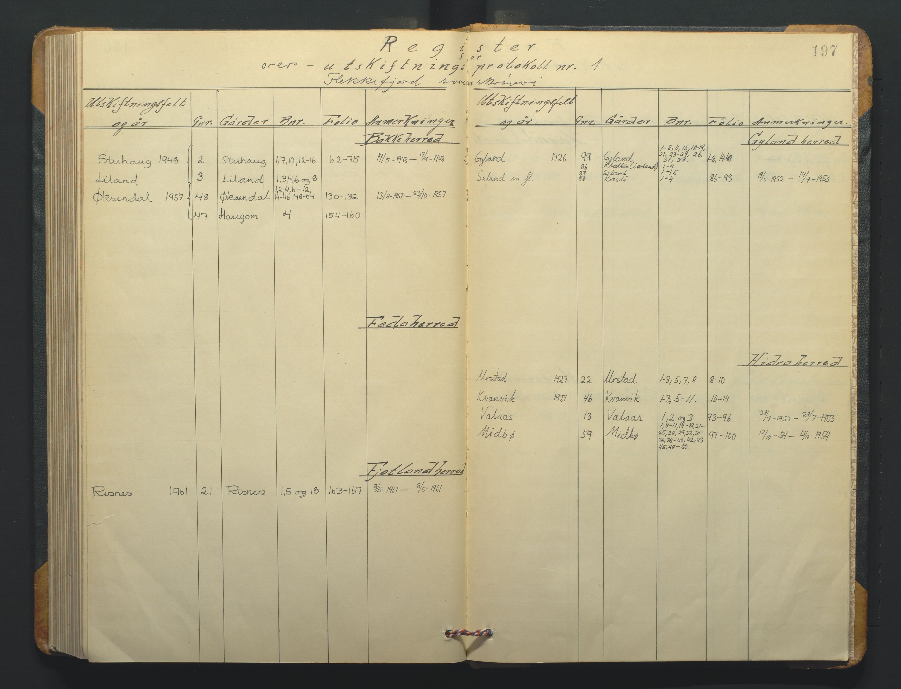 Jordskifteoverdommeren i Agder og Rogaland, AV/SAK-1541-0001/F/Fa/Faa/L0011: Overutskiftningsprotokoll Flekkefjord sorenskriveri nr 11, 1926-1965, p. 197