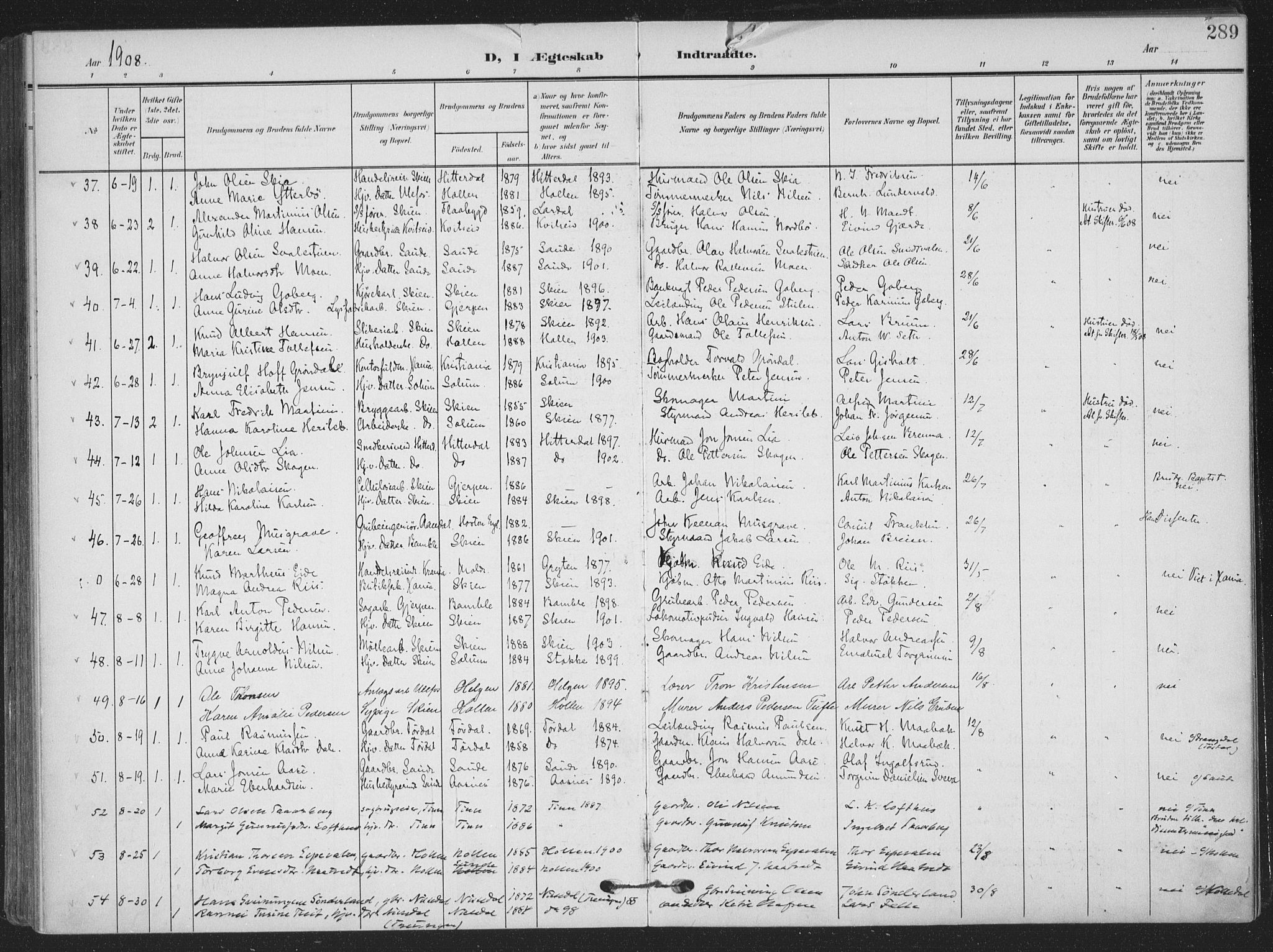 Skien kirkebøker, SAKO/A-302/F/Fa/L0012: Parish register (official) no. 12, 1908-1914, p. 289