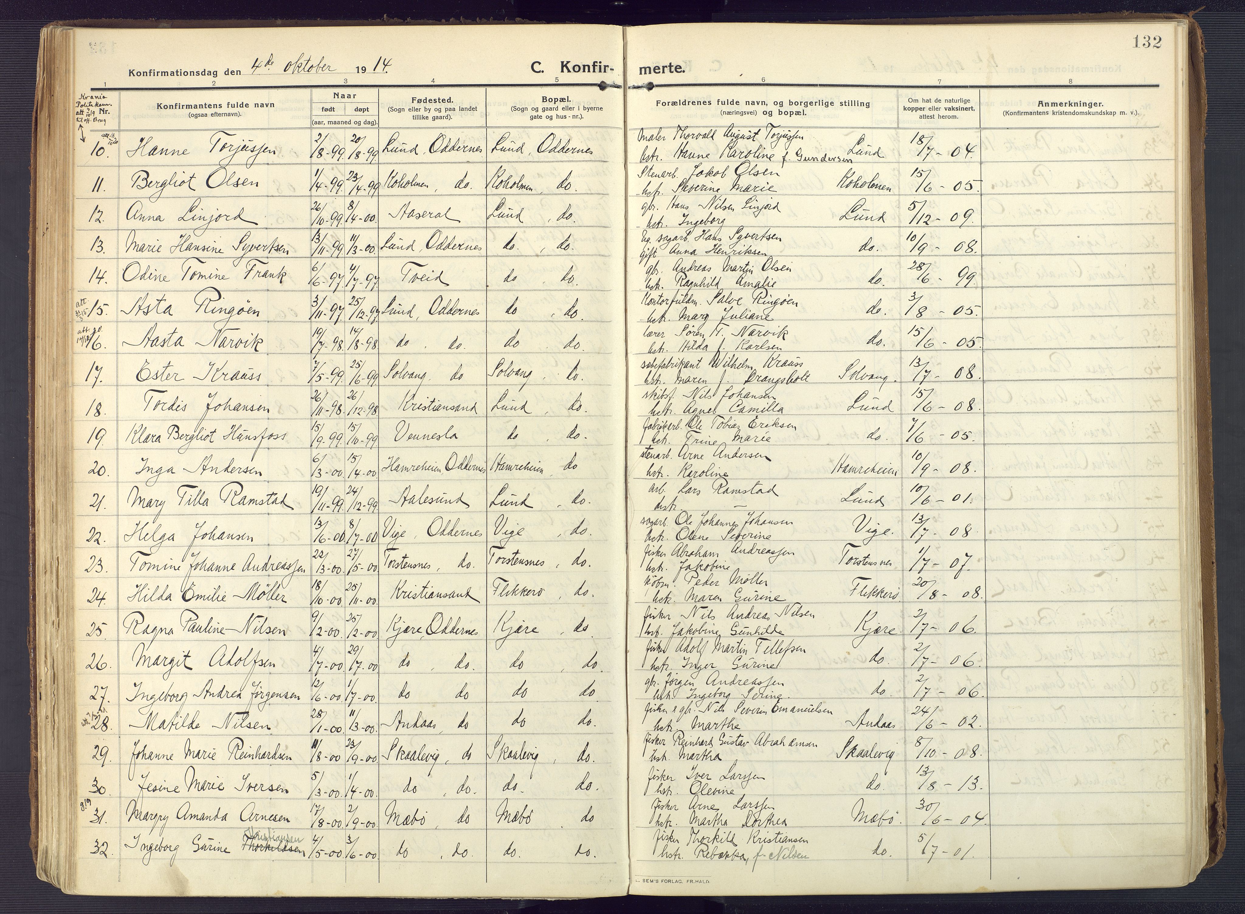 Oddernes sokneprestkontor, AV/SAK-1111-0033/F/Fa/Faa/L0012: Parish register (official) no. A 12, 1912-1925, p. 132