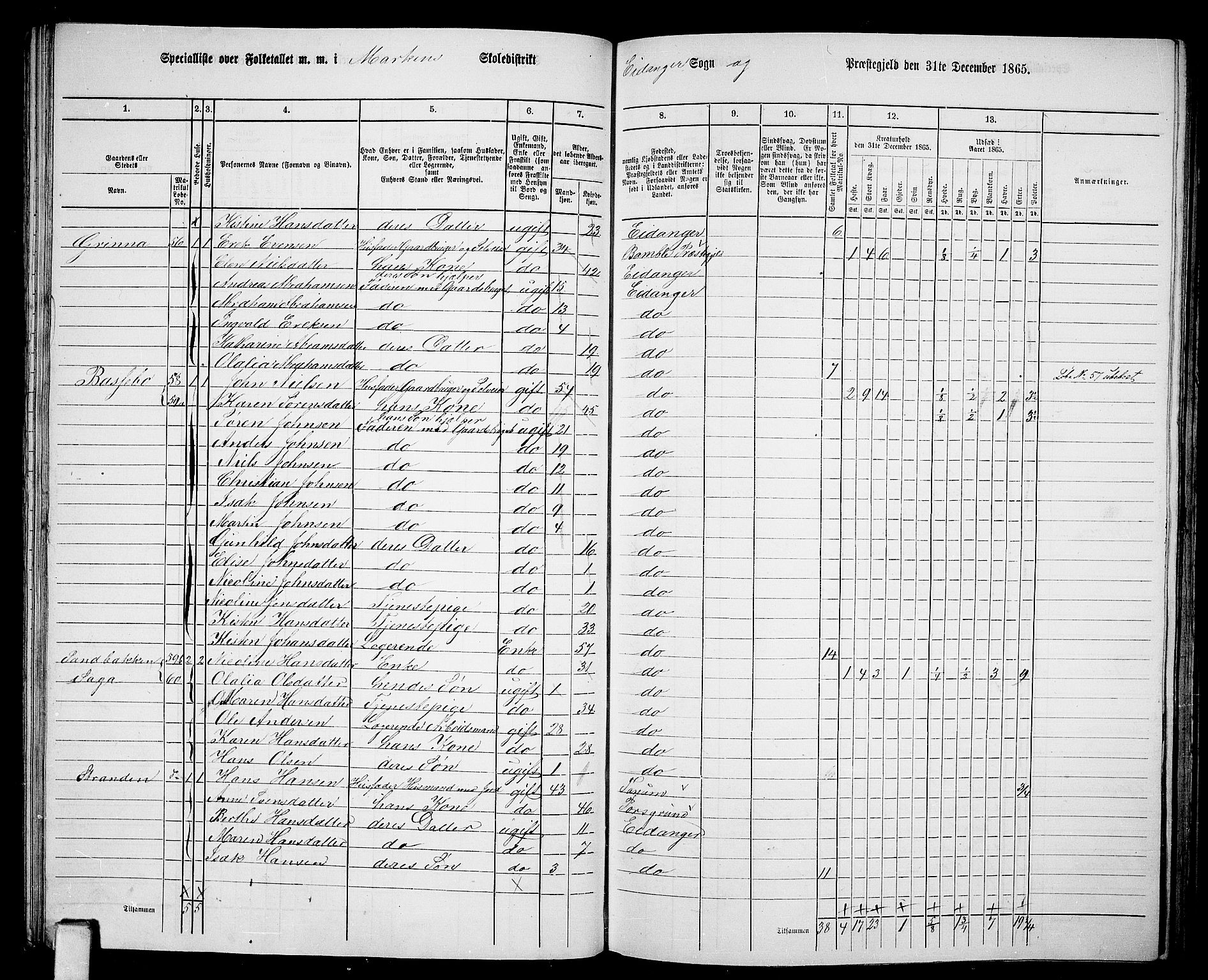 RA, 1865 census for Eidanger, 1865, p. 33