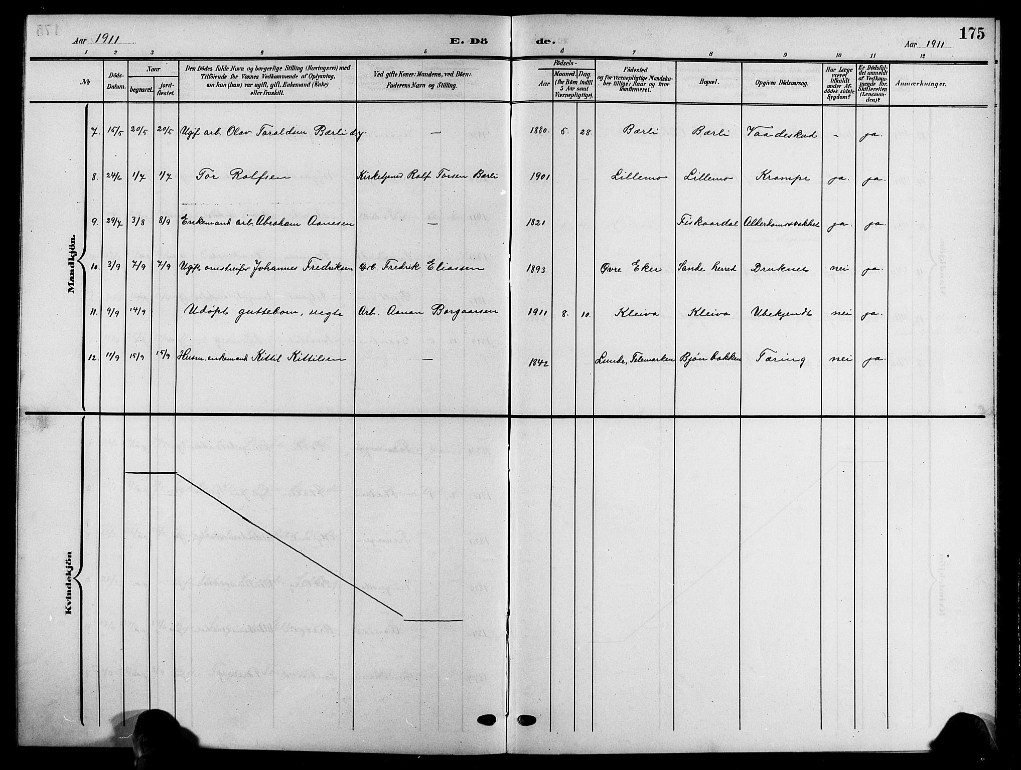 Åmli sokneprestkontor, SAK/1111-0050/F/Fb/Fbc/L0005: Parish register (copy) no. B 5, 1903-1916, p. 175