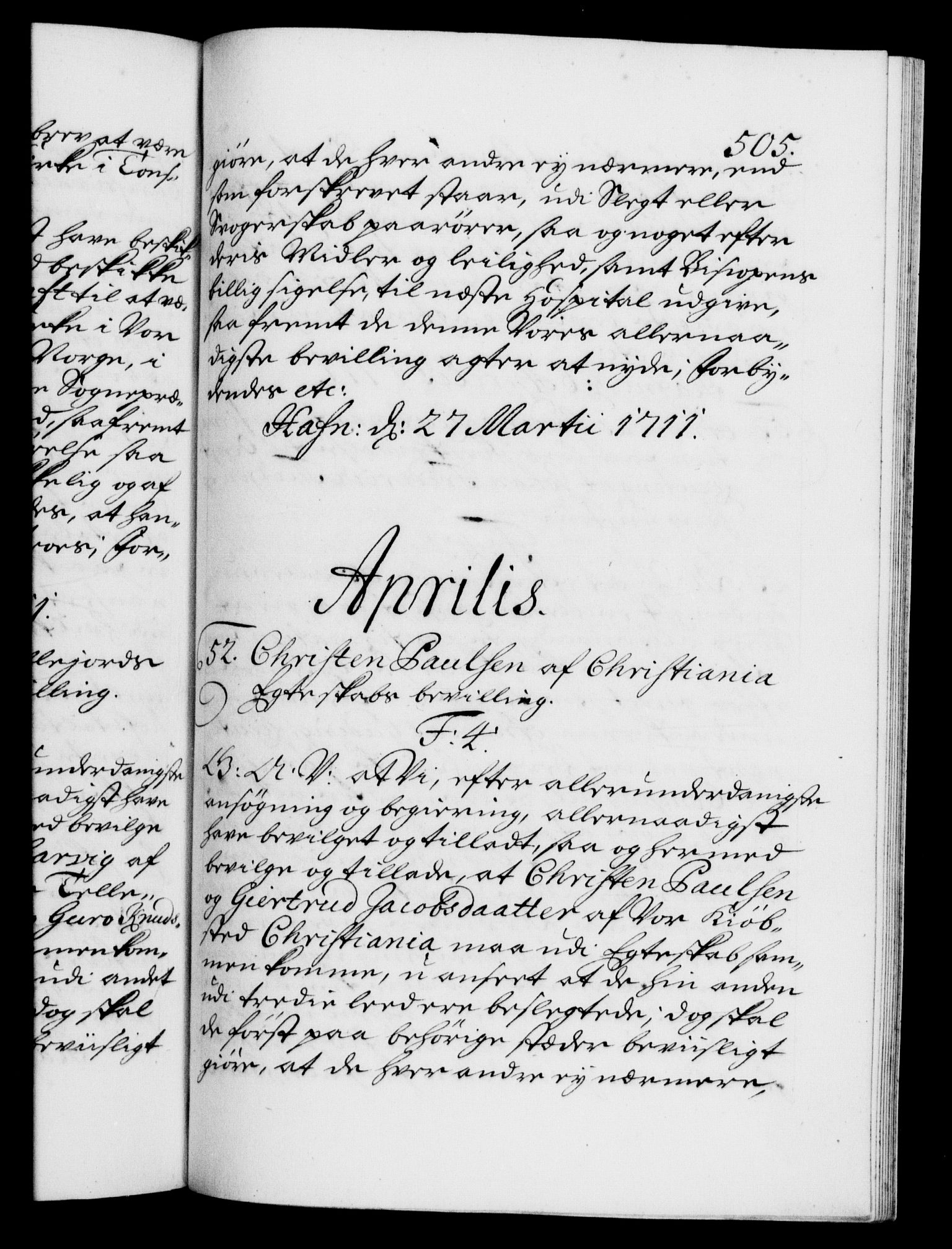 Danske Kanselli 1572-1799, RA/EA-3023/F/Fc/Fca/Fcaa/L0020: Norske registre, 1708-1711, p. 505a