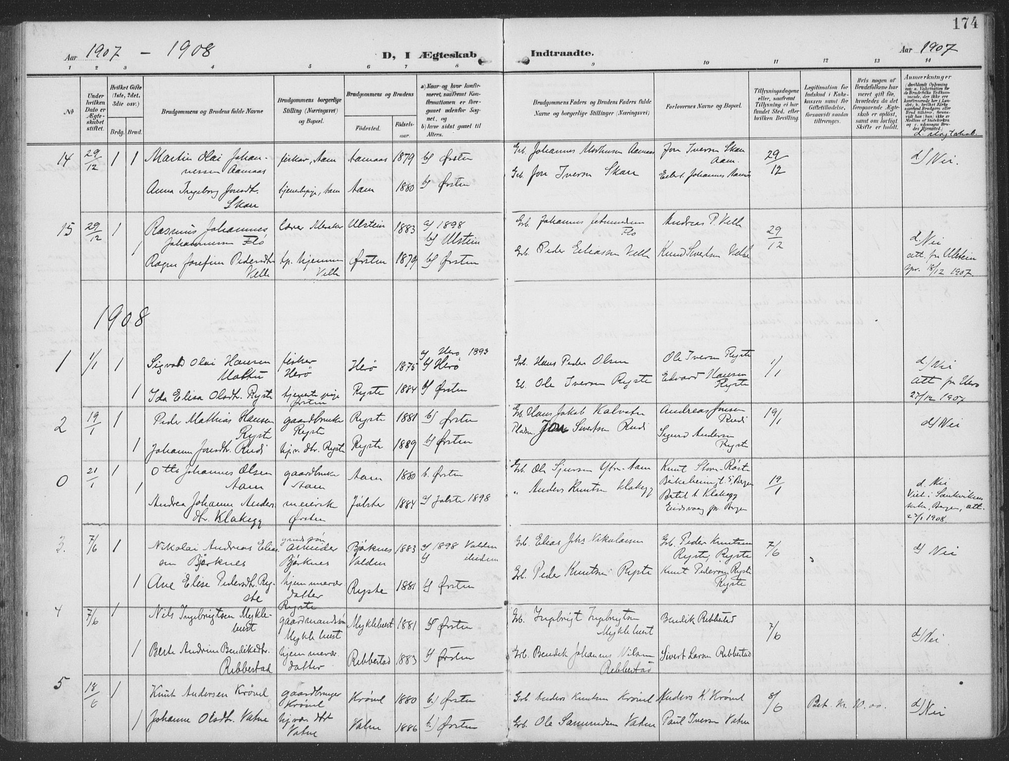 Ministerialprotokoller, klokkerbøker og fødselsregistre - Møre og Romsdal, AV/SAT-A-1454/513/L0178: Parish register (official) no. 513A05, 1906-1919, p. 174