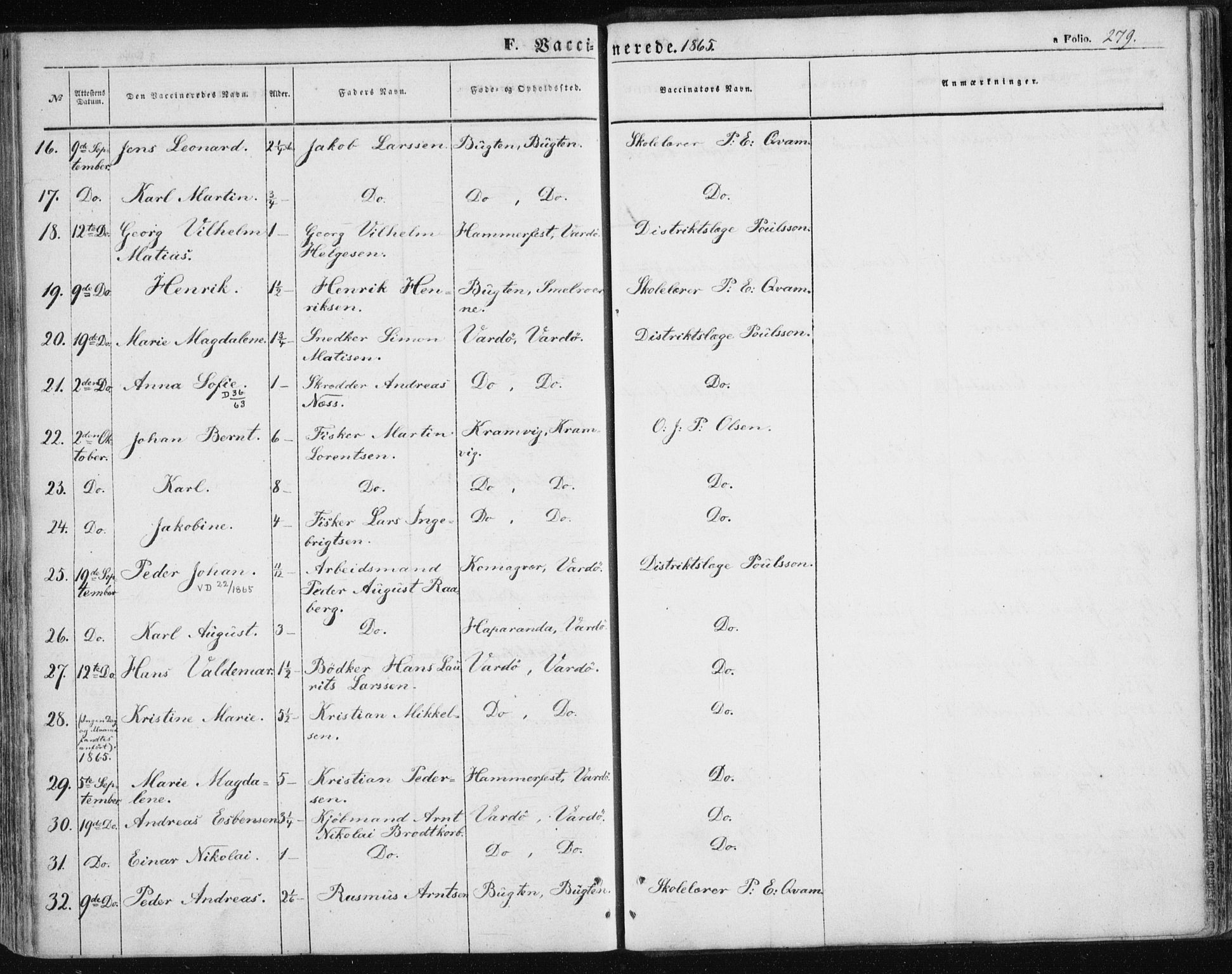 Vardø sokneprestkontor, SATØ/S-1332/H/Ha/L0004kirke: Parish register (official) no. 4, 1862-1871, p. 279