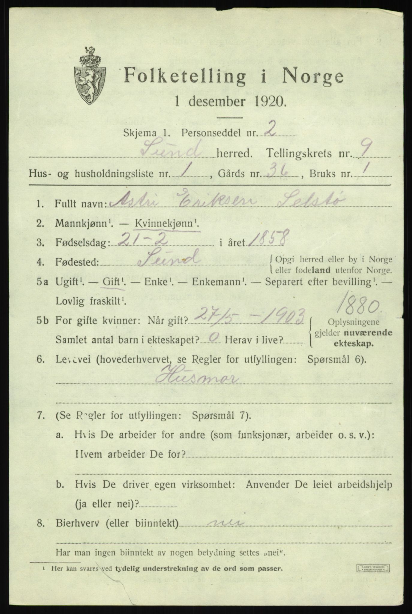 SAB, 1920 census for Sund, 1920, p. 5305