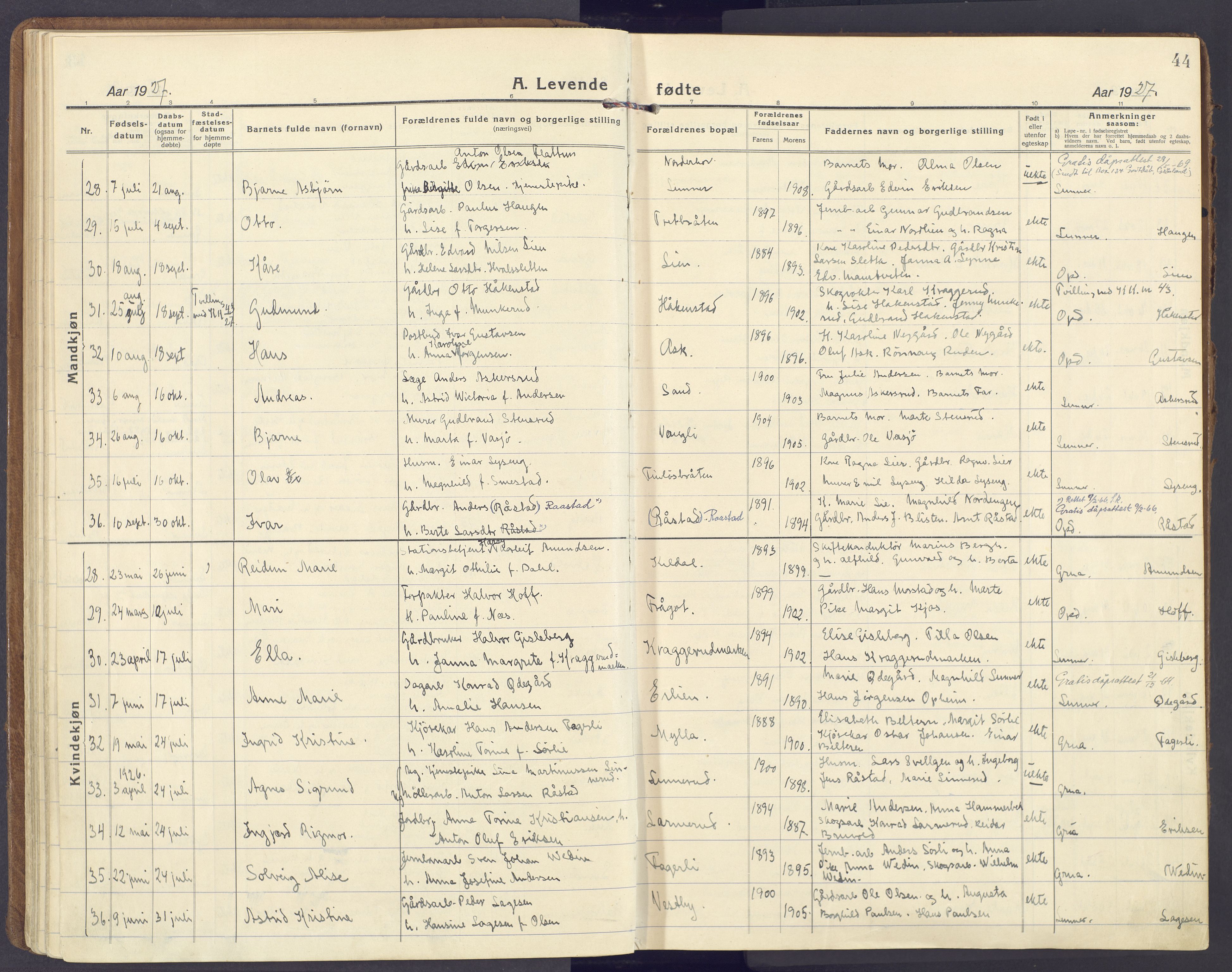 Lunner prestekontor, AV/SAH-PREST-118/H/Ha/Haa/L0002: Parish register (official) no. 2, 1922-1931, p. 44