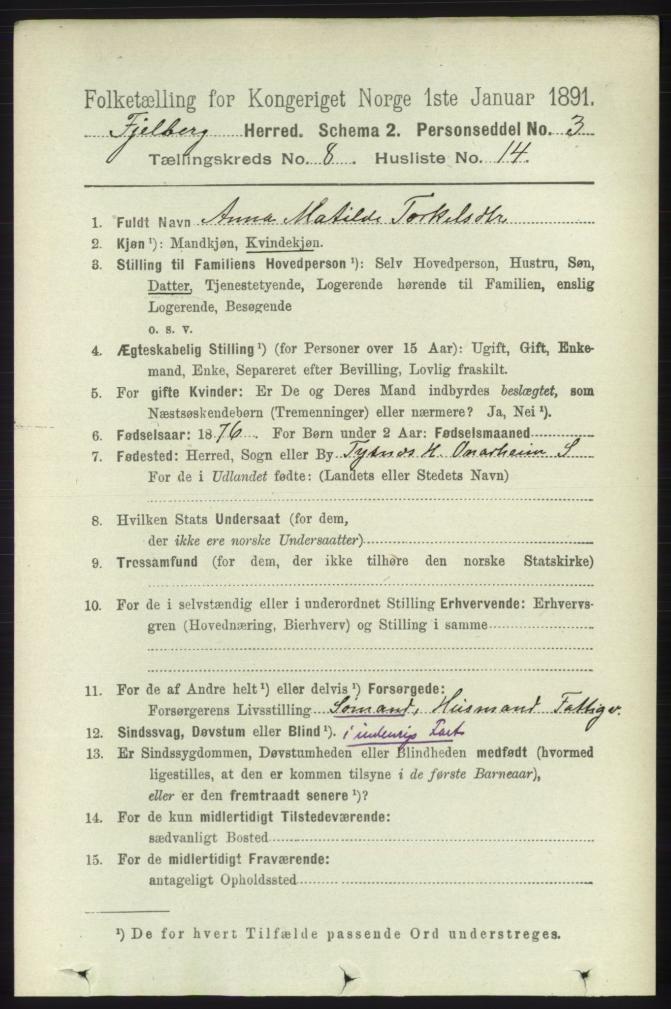 RA, 1891 census for 1213 Fjelberg, 1891, p. 3016