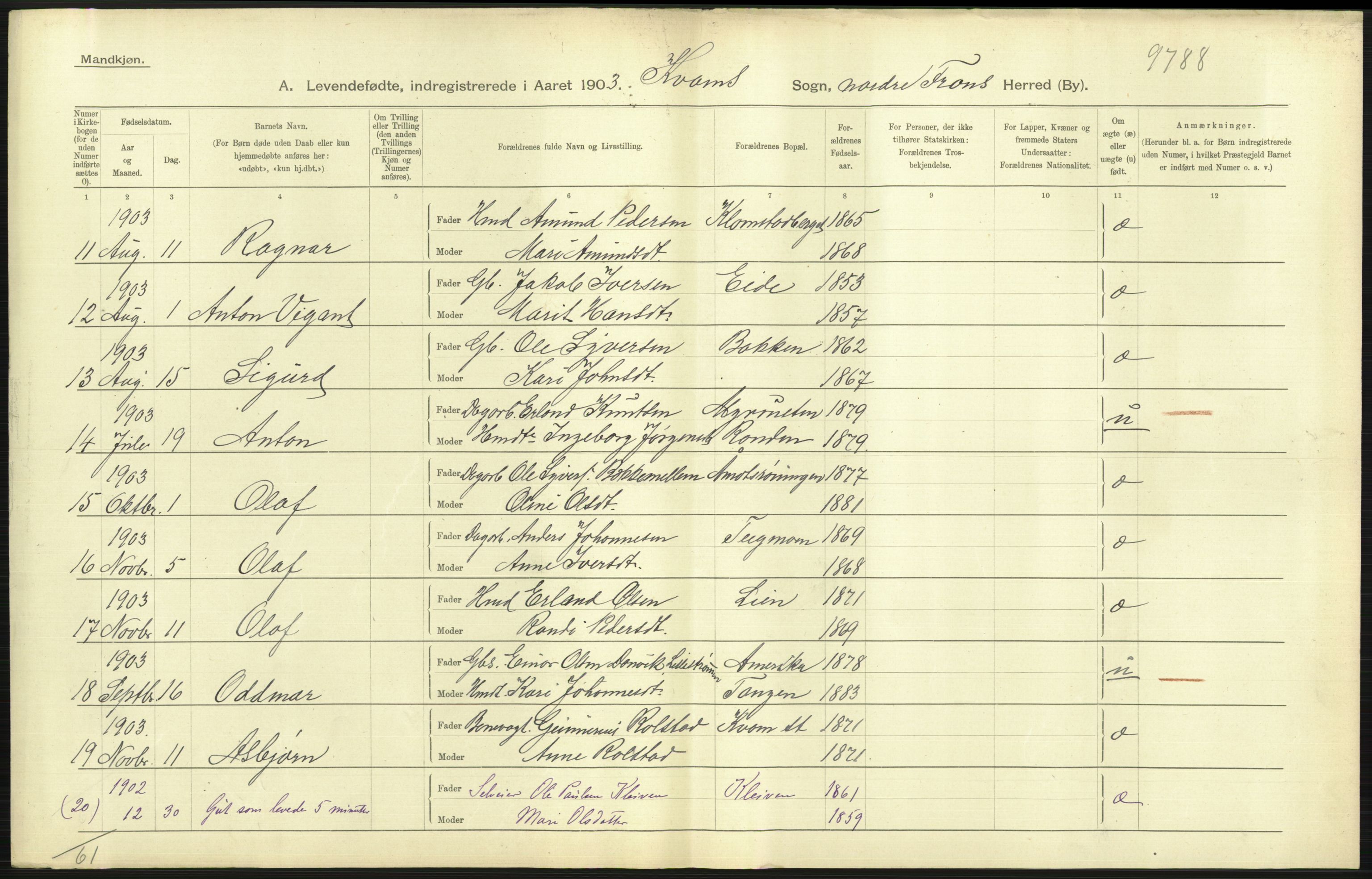 Statistisk sentralbyrå, Sosiodemografiske emner, Befolkning, AV/RA-S-2228/D/Df/Dfa/Dfaa/L0006: Kristians amt: Fødte, gifte, døde, 1903, p. 59