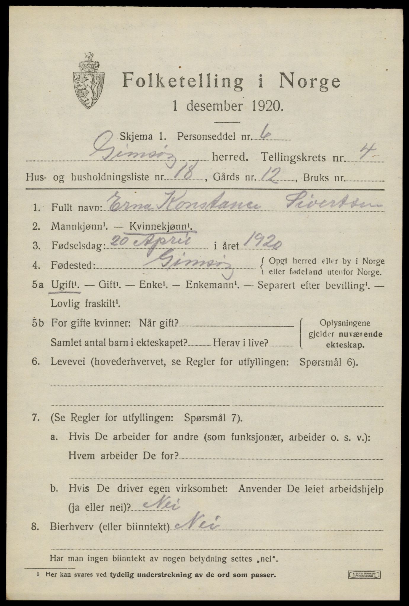 SAT, 1920 census for Gimsøy, 1920, p. 2167