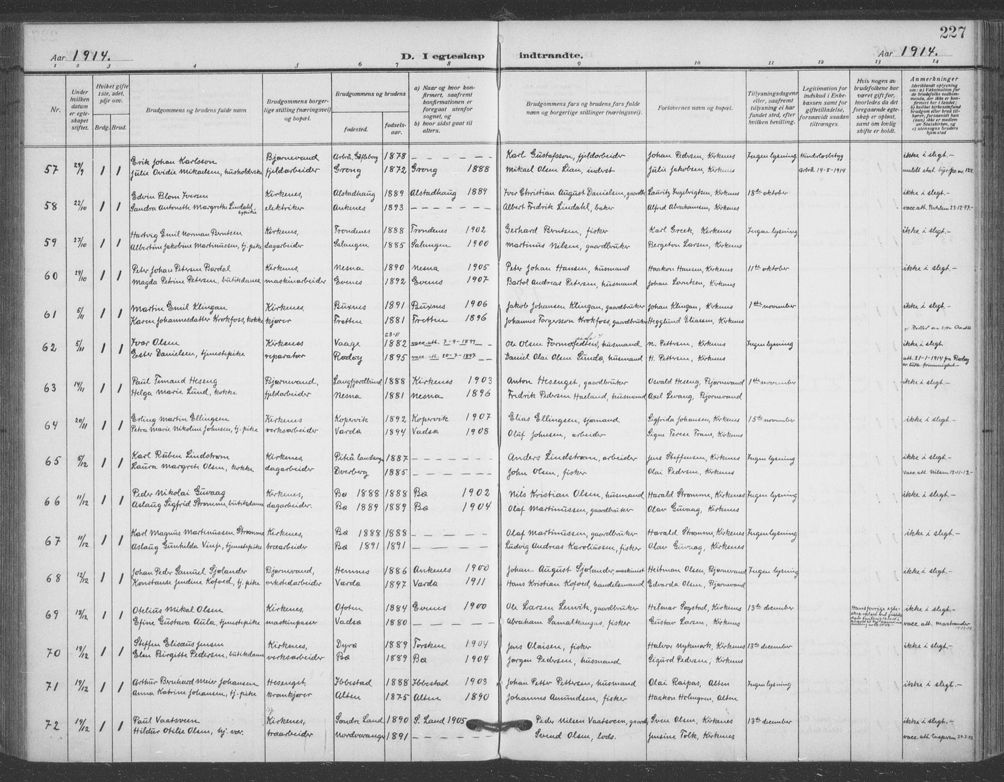 Sør-Varanger sokneprestkontor, AV/SATØ-S-1331/H/Ha/L0005kirke: Parish register (official) no. 5, 1909-1919, p. 227