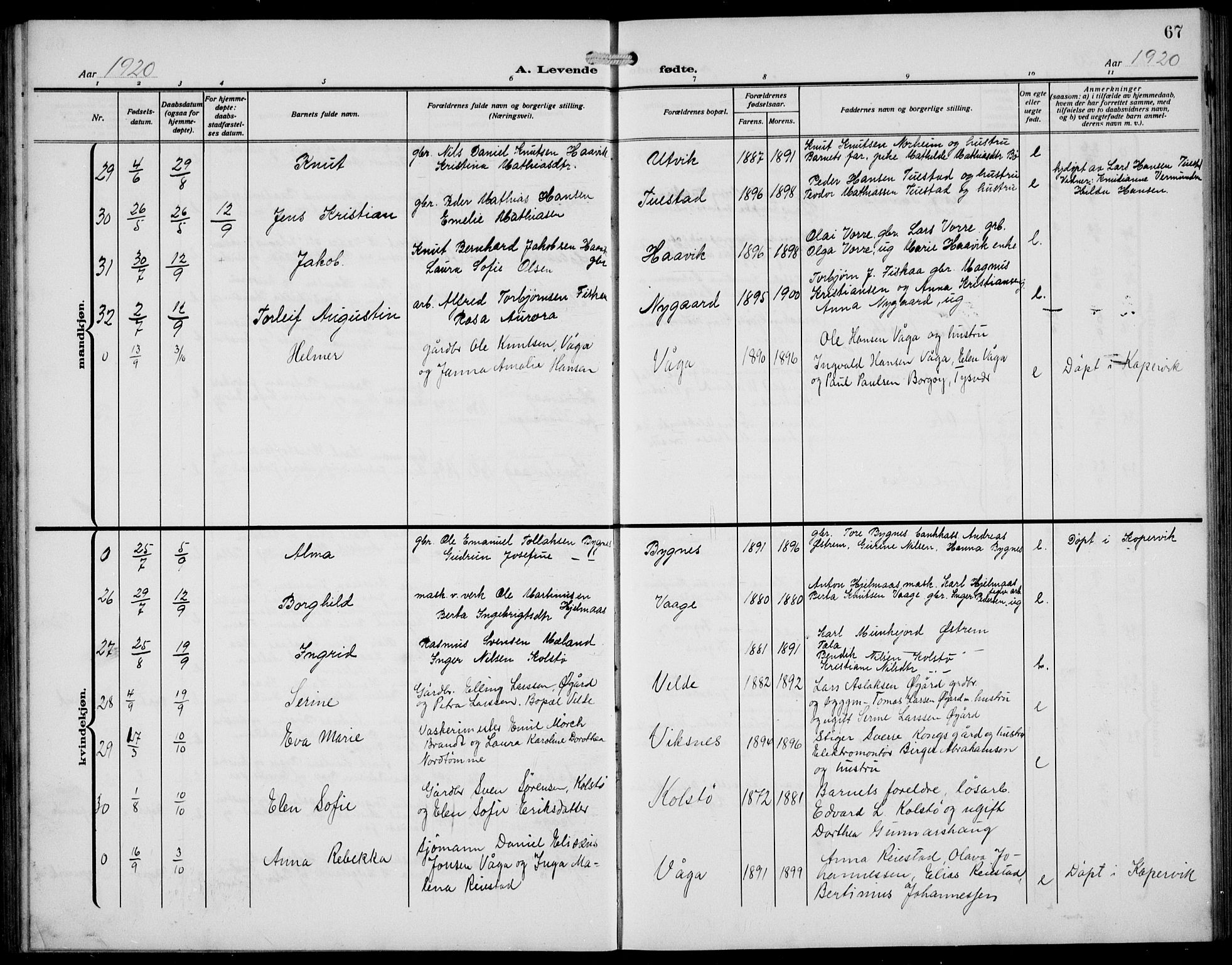 Avaldsnes sokneprestkontor, AV/SAST-A -101851/H/Ha/Hab/L0008: Parish register (copy) no. B 8, 1910-1939, p. 67