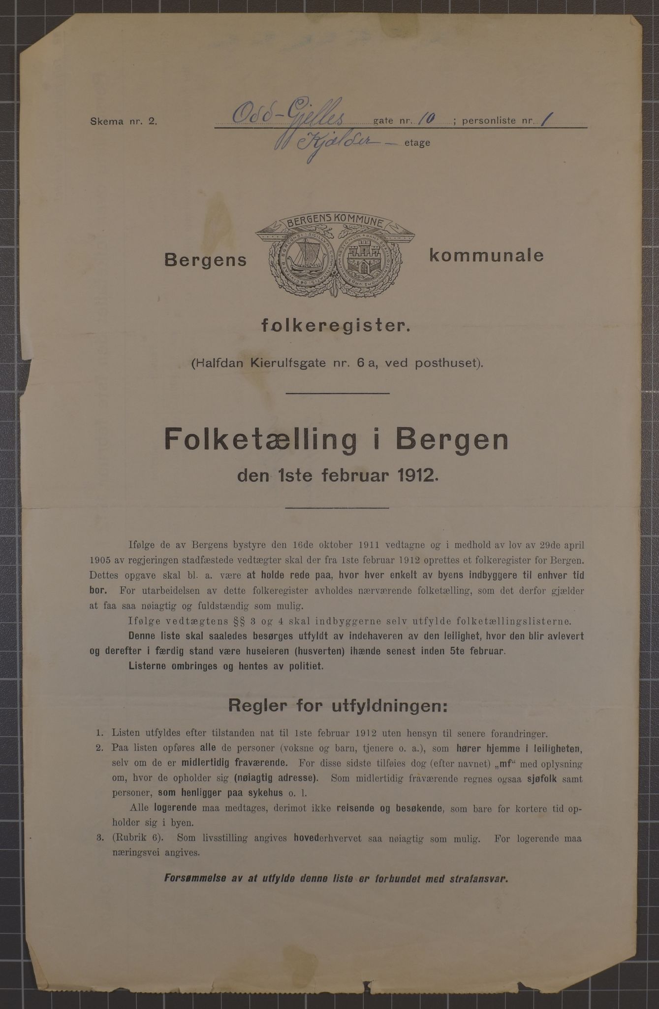 SAB, Municipal Census 1912 for Bergen, 1912, p. 7