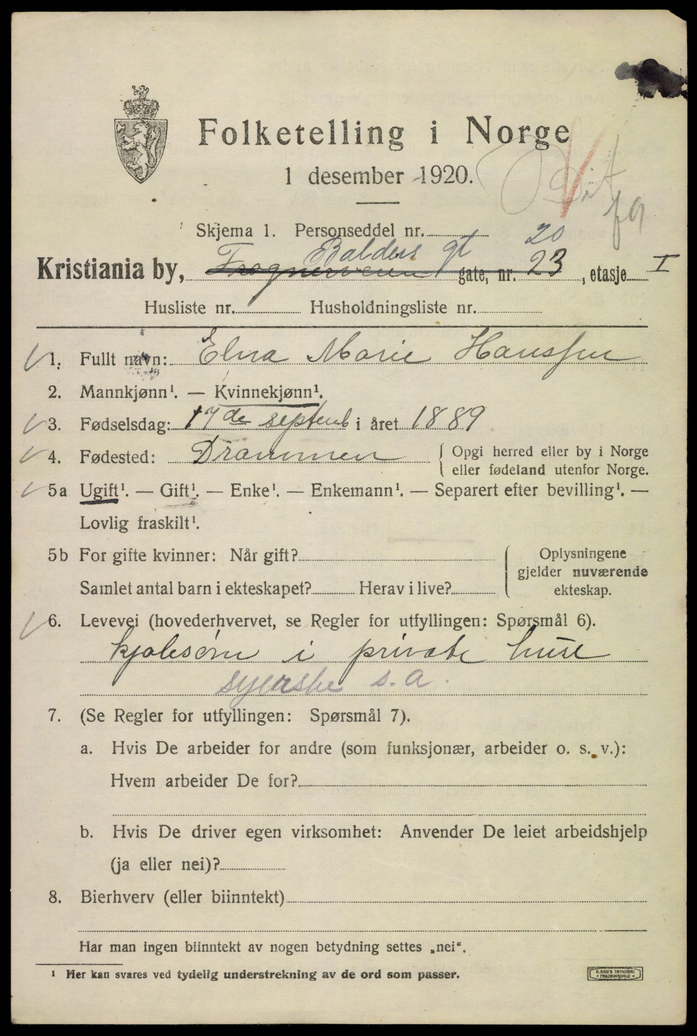 SAO, 1920 census for Kristiania, 1920, p. 150121