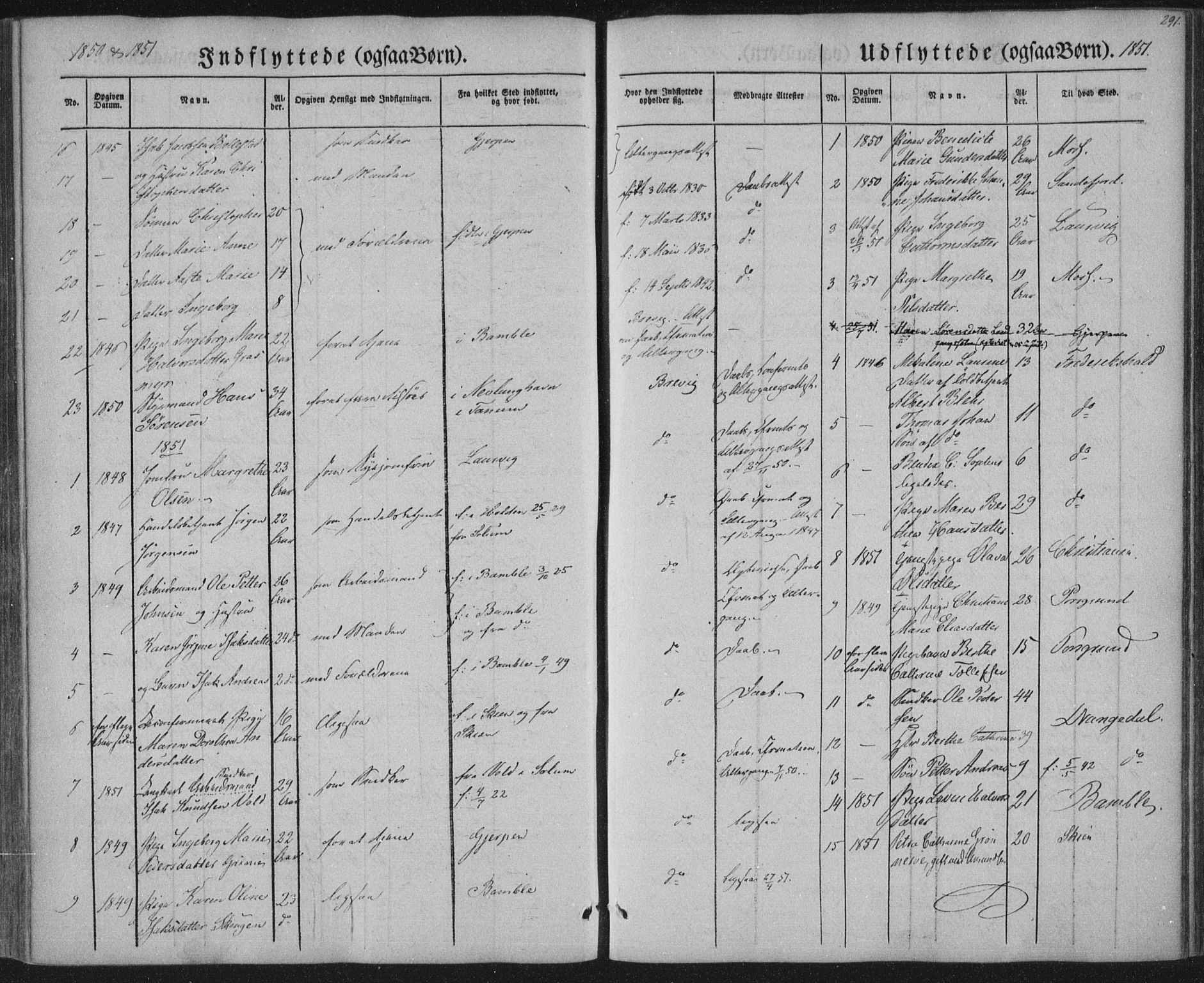 Brevik kirkebøker, AV/SAKO-A-255/F/Fa/L0005: Parish register (official) no. 5, 1847-1865, p. 291