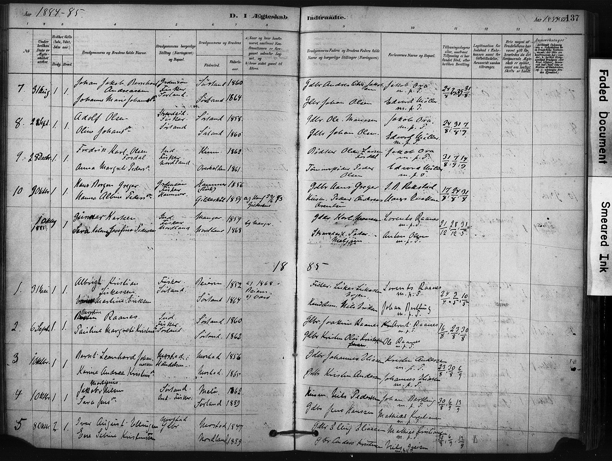 Ministerialprotokoller, klokkerbøker og fødselsregistre - Nordland, AV/SAT-A-1459/807/L0122: Parish register (official) no. 807A05, 1880-1902, p. 137