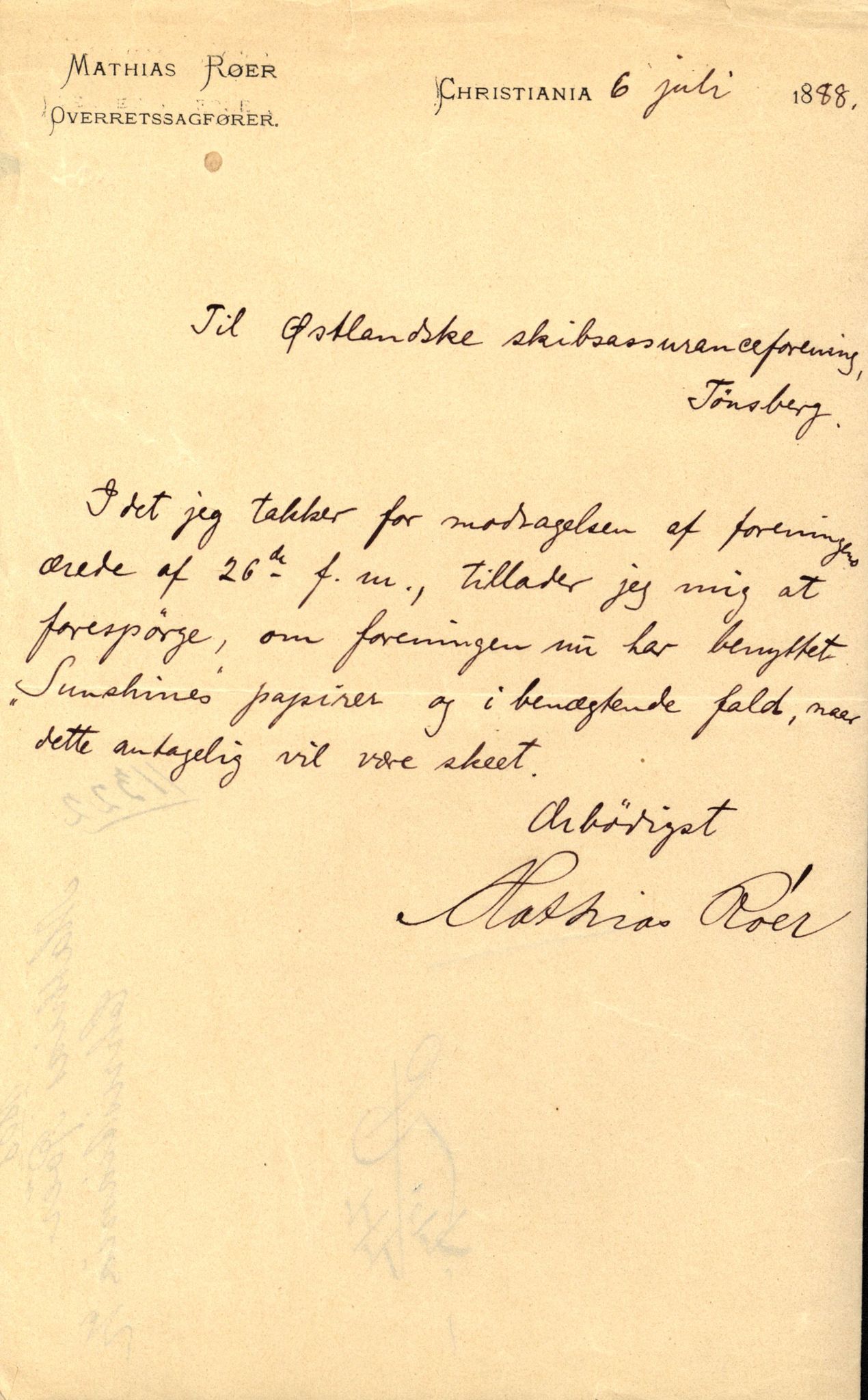 Pa 63 - Østlandske skibsassuranceforening, VEMU/A-1079/G/Ga/L0020/0008: Havaridokumenter / Sunshine, 1887