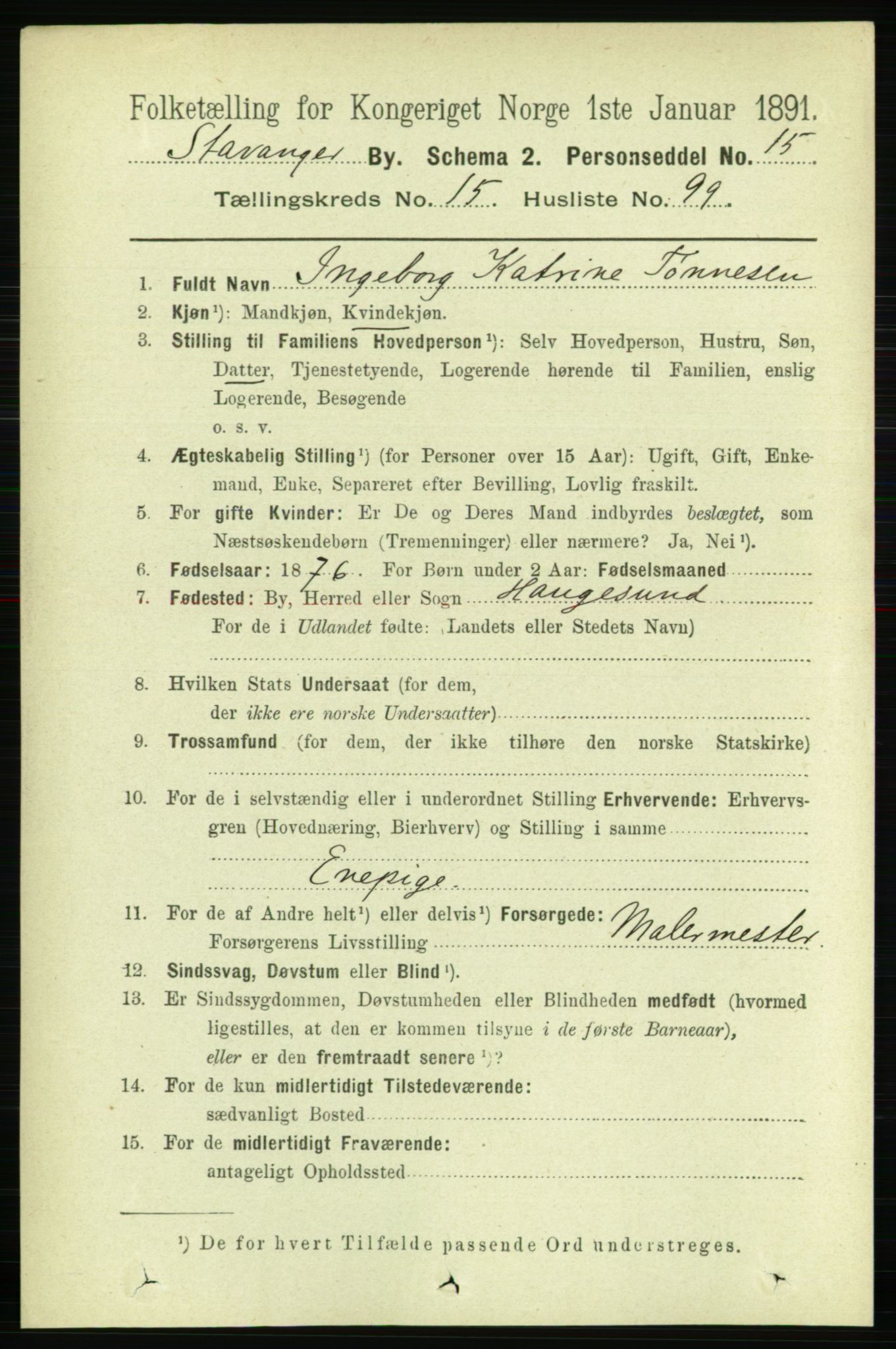 RA, 1891 census for 1103 Stavanger, 1891, p. 18834