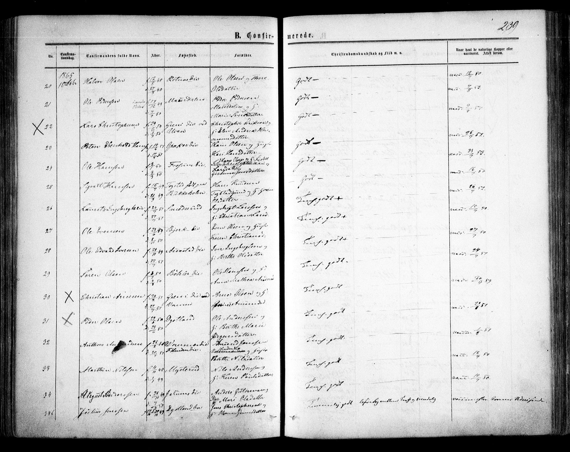 Nes prestekontor Kirkebøker, SAO/A-10410/F/Fa/L0008: Parish register (official) no. I 8, 1859-1874, p. 239