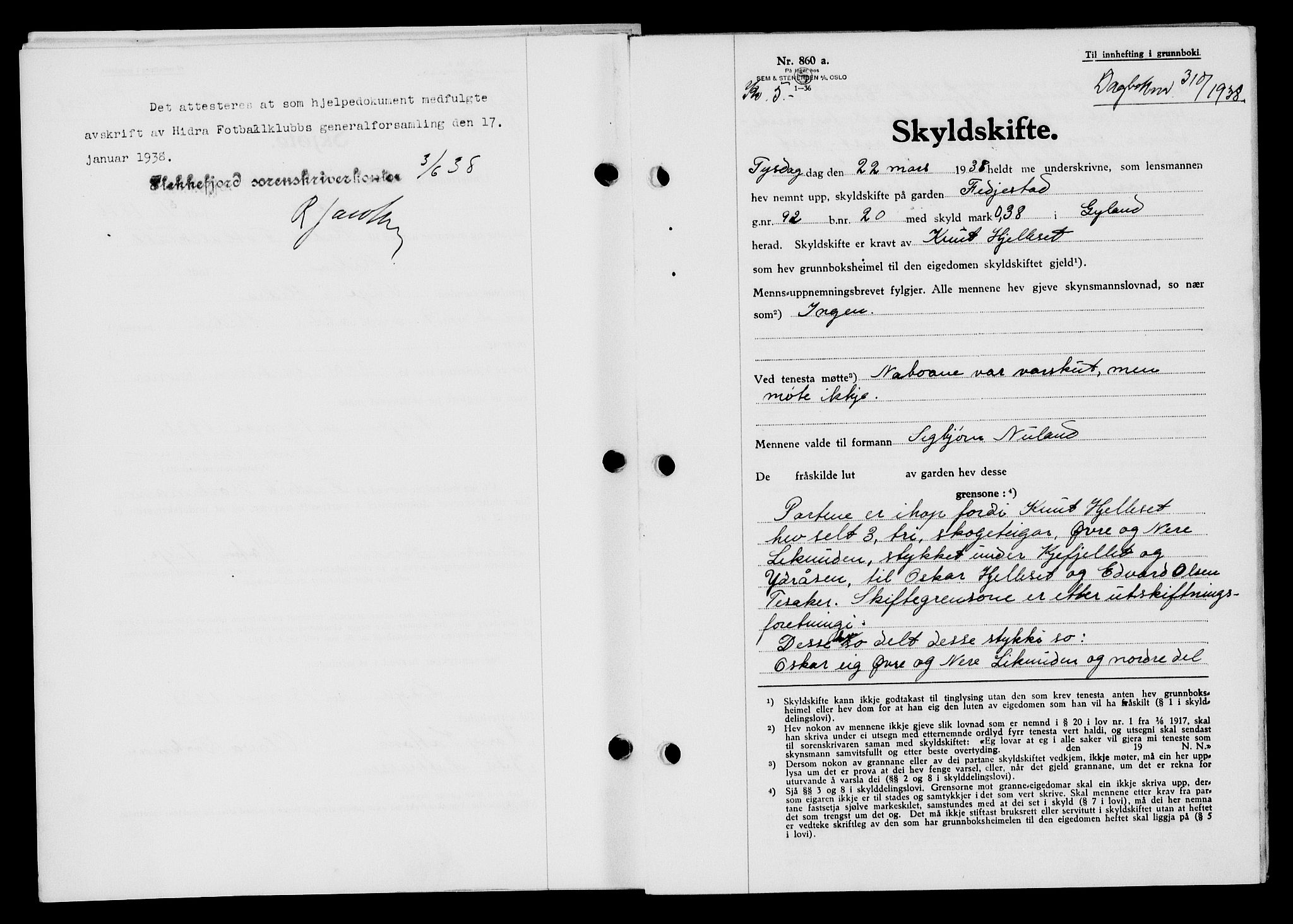 Flekkefjord sorenskriveri, SAK/1221-0001/G/Gb/Gba/L0054: Mortgage book no. A-2, 1937-1938, Diary no: : 310/1938