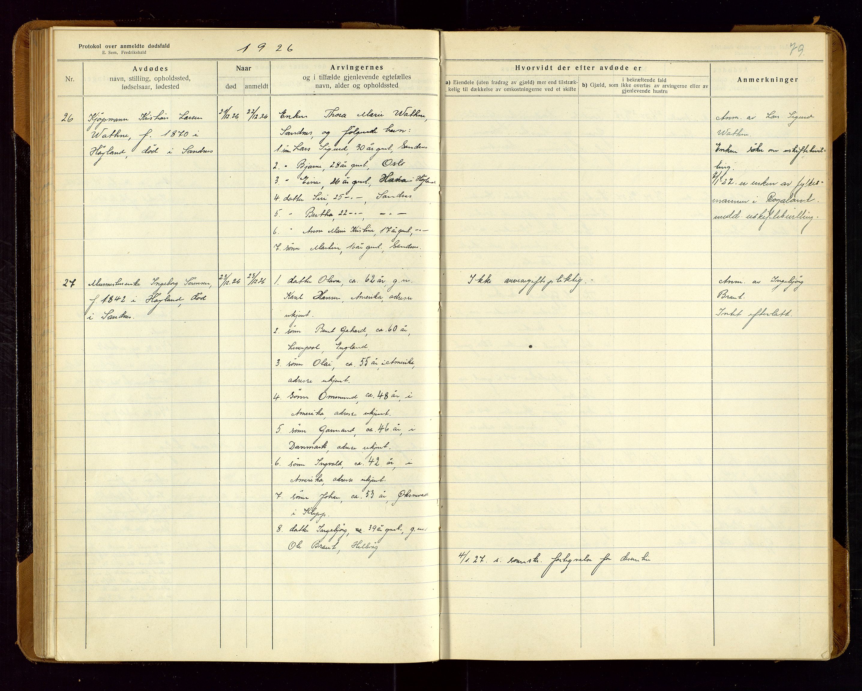 Sandnes lensmannskontor, SAST/A-100167/Gga/L0001: "Protokol over anmeldte dødsfald" m/register, 1918-1940, p. 79