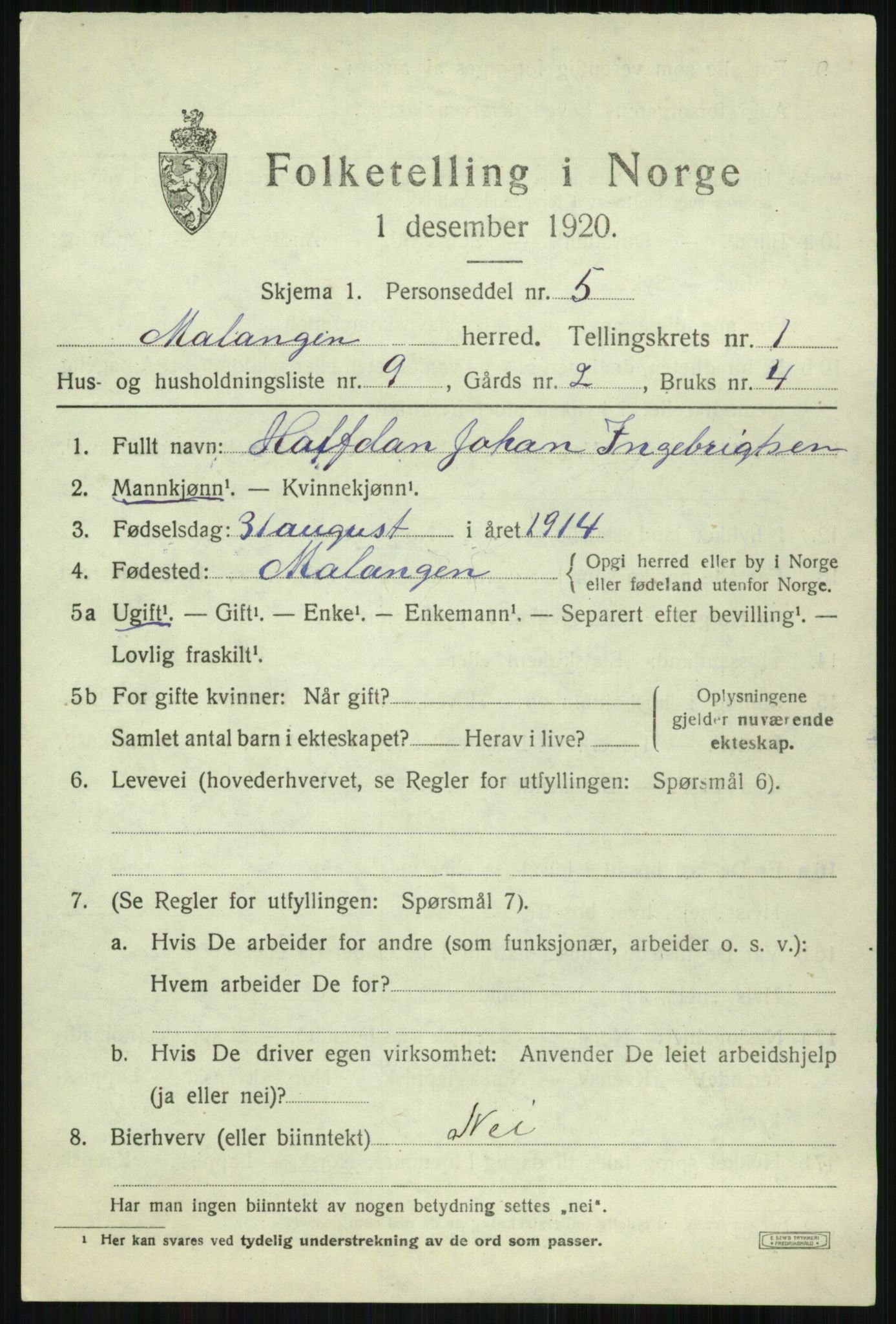 SATØ, 1920 census for Malangen, 1920, p. 808