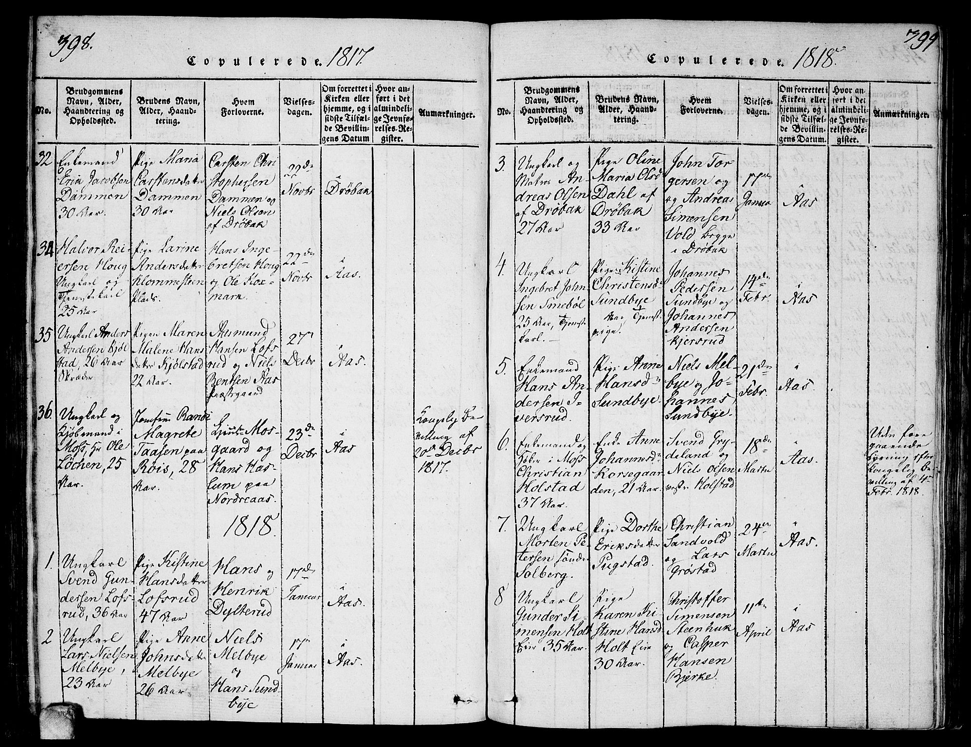 Ås prestekontor Kirkebøker, SAO/A-10894/F/Fa/L0003: Parish register (official) no. I 3, 1814-1818, p. 398-399