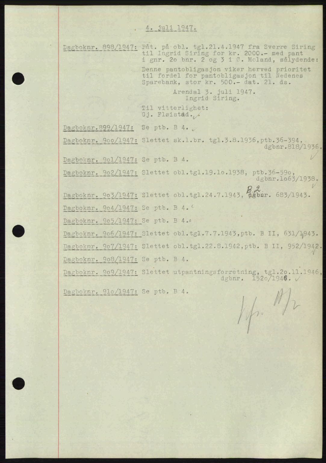 Nedenes sorenskriveri, AV/SAK-1221-0006/G/Gb/Gba/L0057: Mortgage book no. A9, 1947-1947, Diary no: : 898/1947