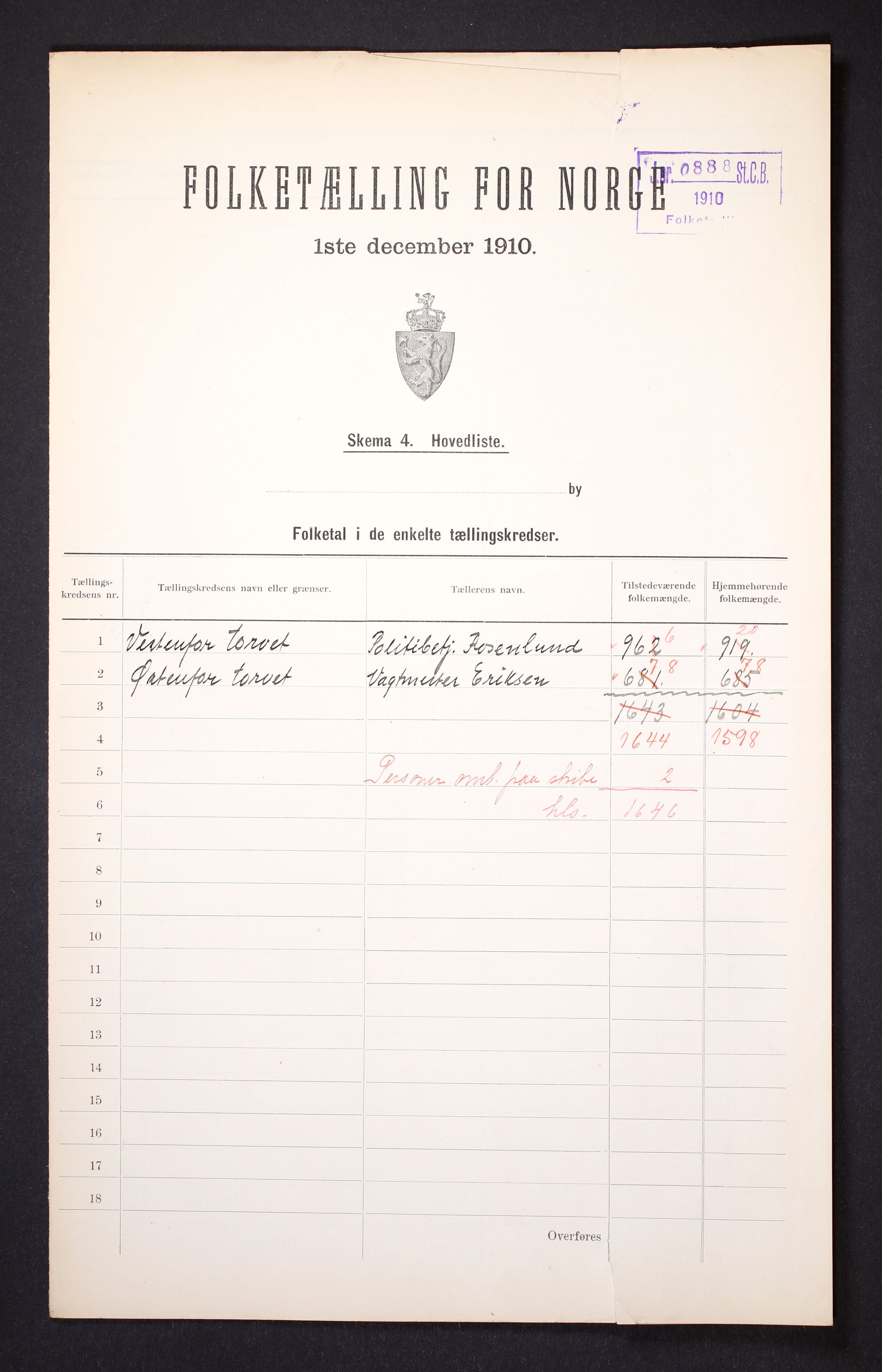 RA, 1910 census for Levanger, 1910, p. 2