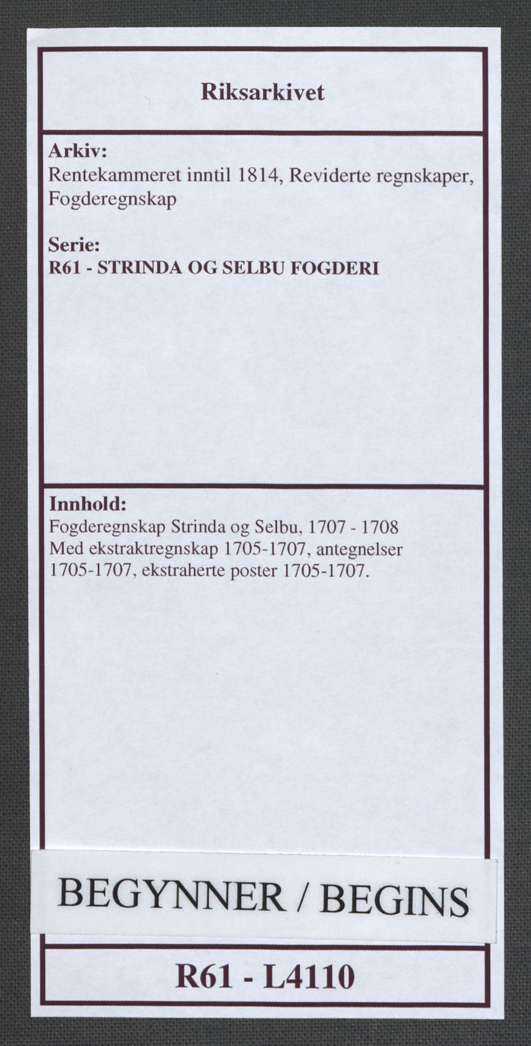 Rentekammeret inntil 1814, Reviderte regnskaper, Fogderegnskap, AV/RA-EA-4092/R61/L4110: Fogderegnskap Strinda og Selbu, 1707-1708, p. 1