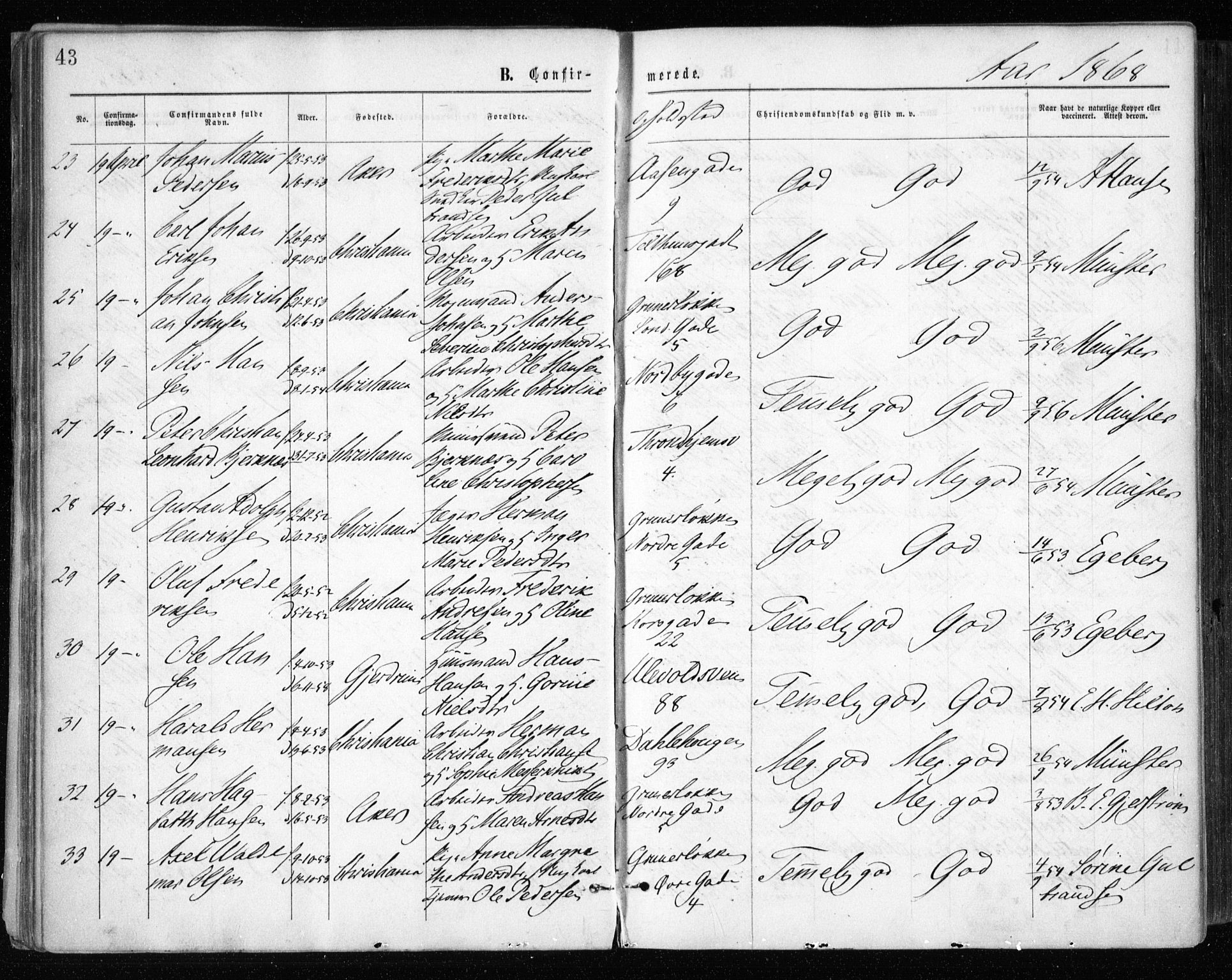 Gamle Aker prestekontor Kirkebøker, AV/SAO-A-10617a/F/L0003: Parish register (official) no. 3, 1865-1873, p. 43