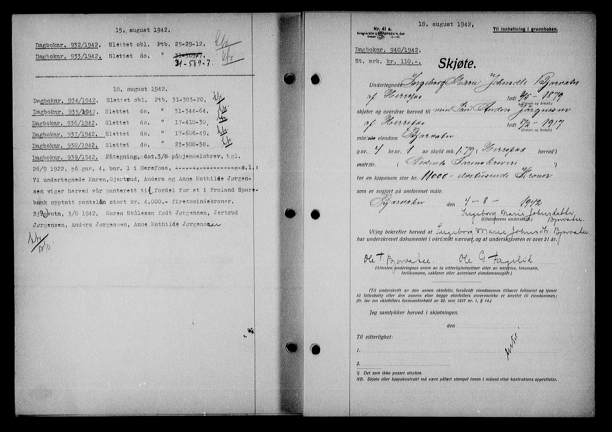 Nedenes sorenskriveri, SAK/1221-0006/G/Gb/Gba/L0049: Mortgage book no. A-III, 1941-1942, Diary no: : 940/1942