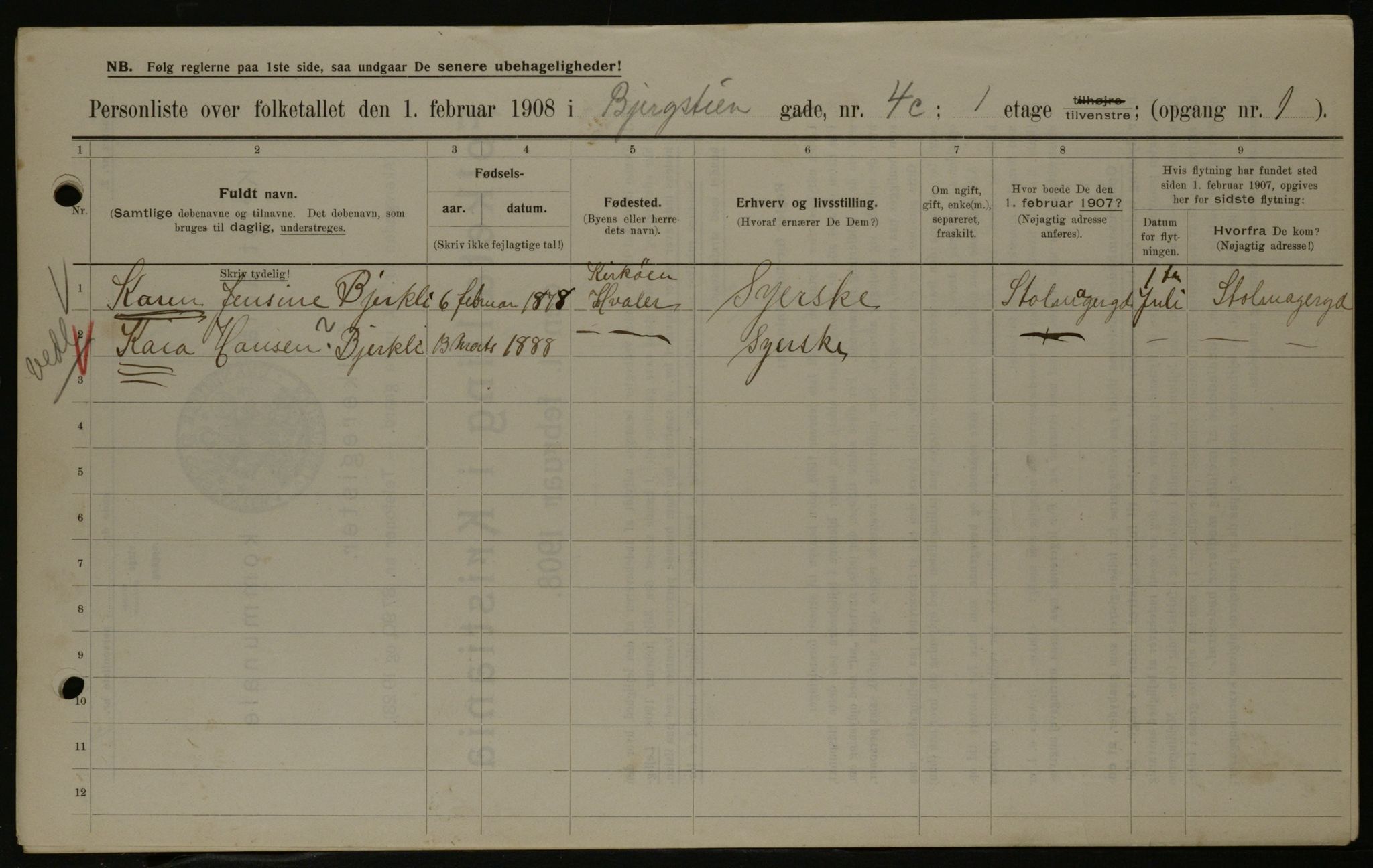 OBA, Municipal Census 1908 for Kristiania, 1908, p. 4356