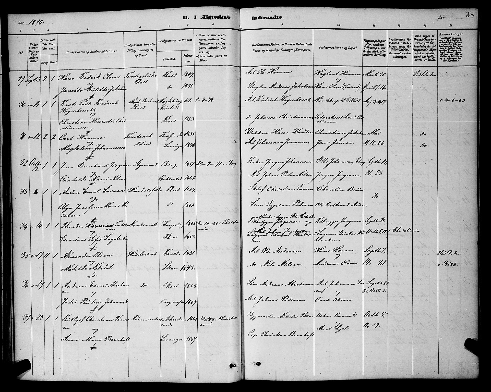 Halden prestekontor Kirkebøker, AV/SAO-A-10909/G/Ga/L0009: Parish register (copy) no. 9, 1885-1908, p. 38