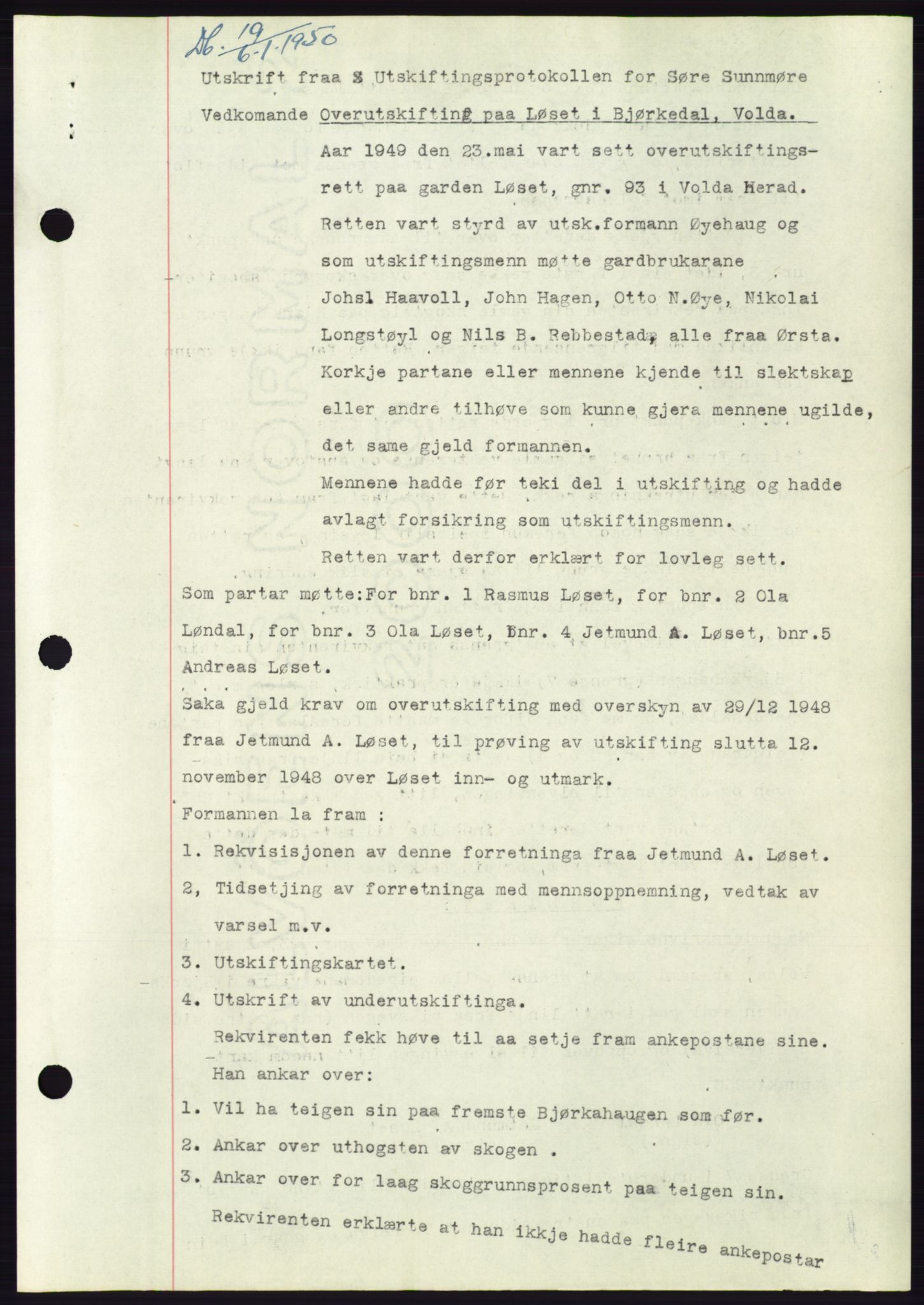 Søre Sunnmøre sorenskriveri, AV/SAT-A-4122/1/2/2C/L0086: Mortgage book no. 12A, 1949-1950, Diary no: : 19/1950