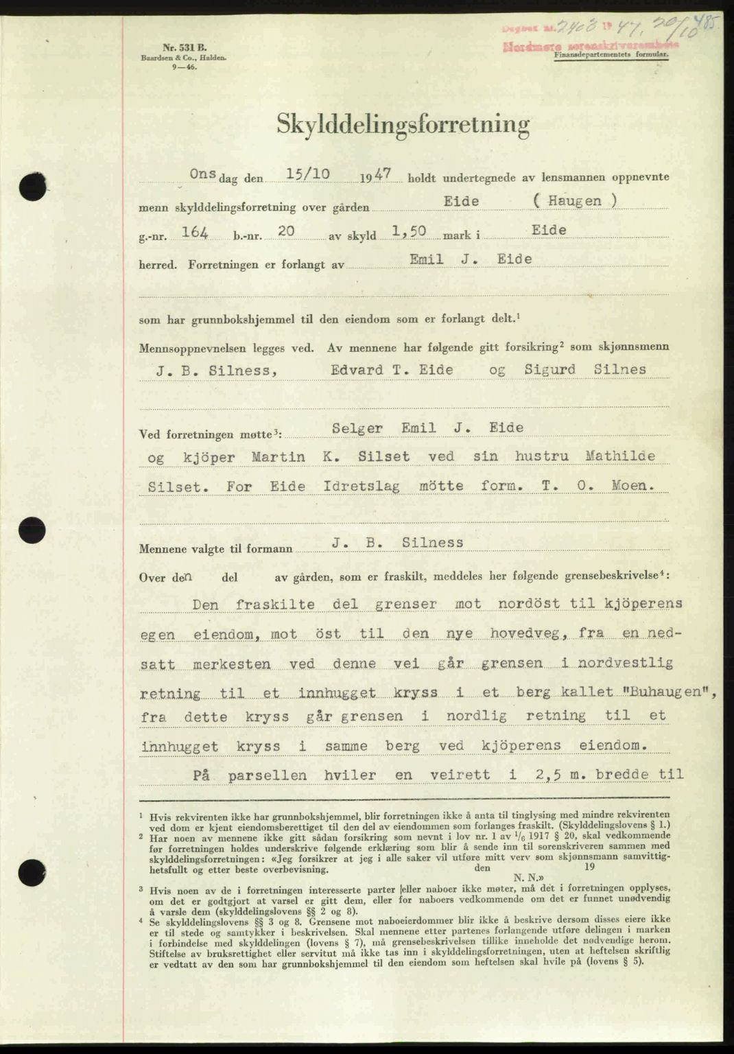 Nordmøre sorenskriveri, AV/SAT-A-4132/1/2/2Ca: Mortgage book no. A106, 1947-1947, Diary no: : 2403/1947