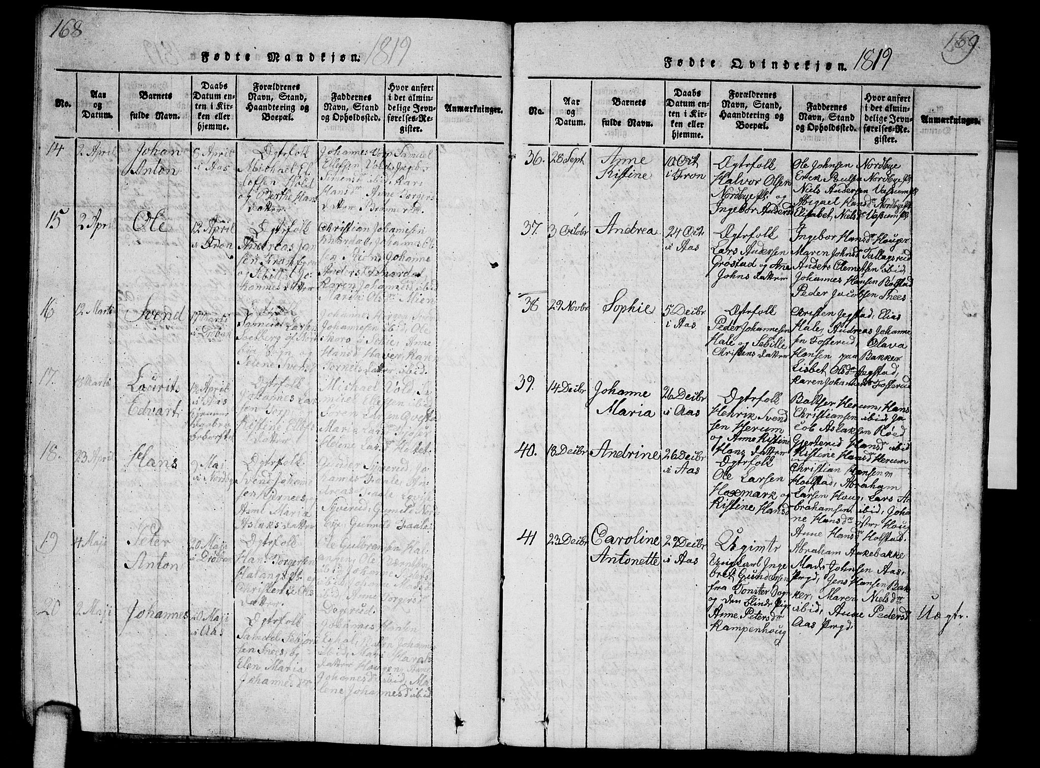 Ås prestekontor Kirkebøker, AV/SAO-A-10894/G/Ga/L0001: Parish register (copy) no. I 1, 1814-1820, p. 168-169