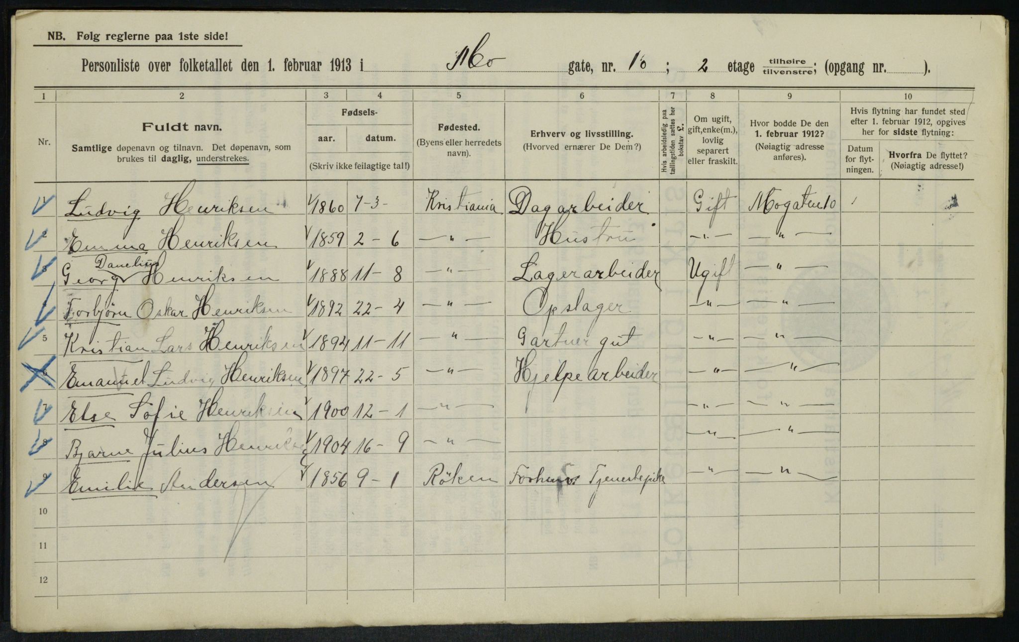 OBA, Municipal Census 1913 for Kristiania, 1913, p. 65322