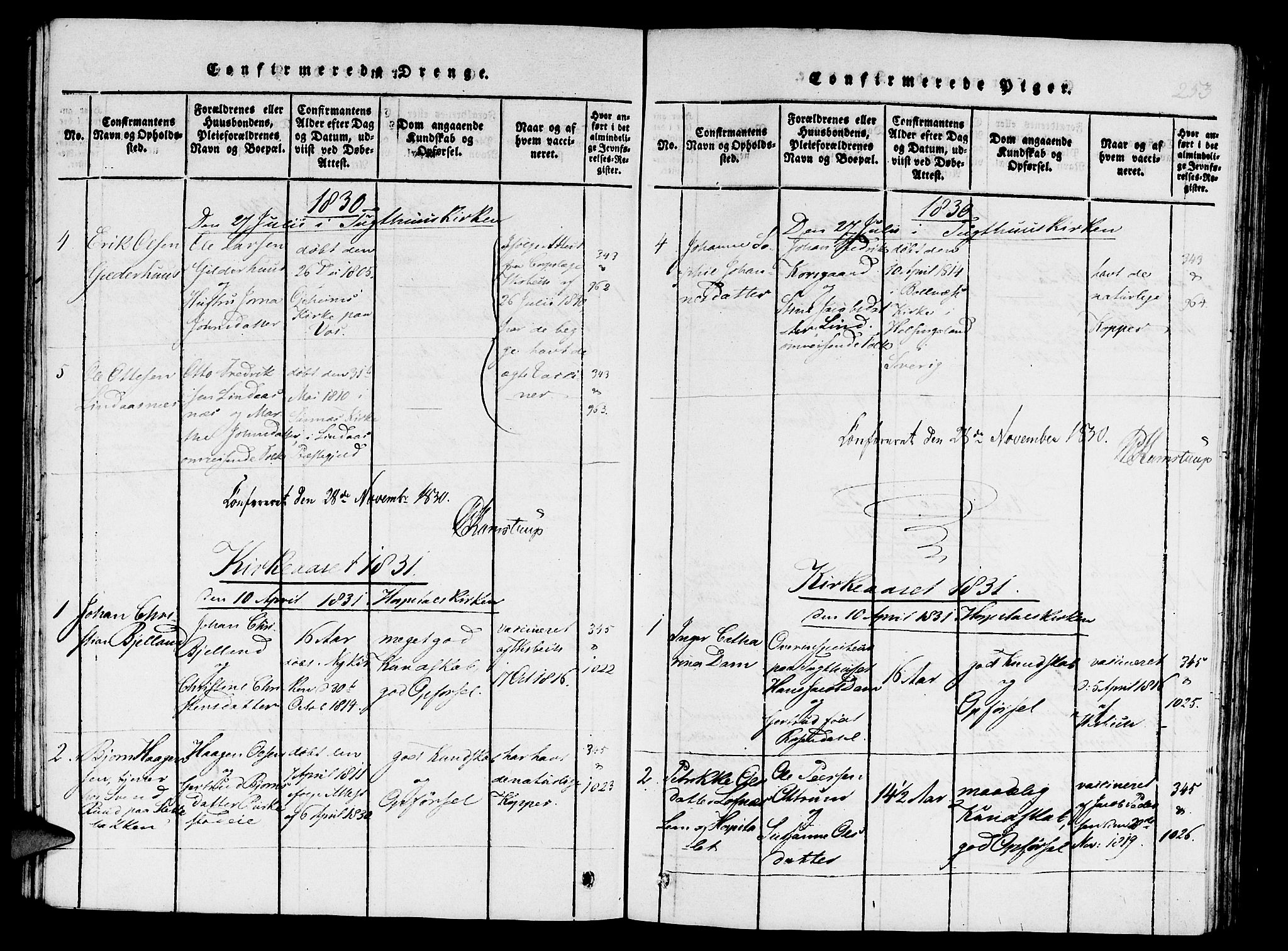 St. Jørgens hospital og Årstad sokneprestembete, AV/SAB-A-99934: Parish register (copy) no. A 1, 1816-1843, p. 253