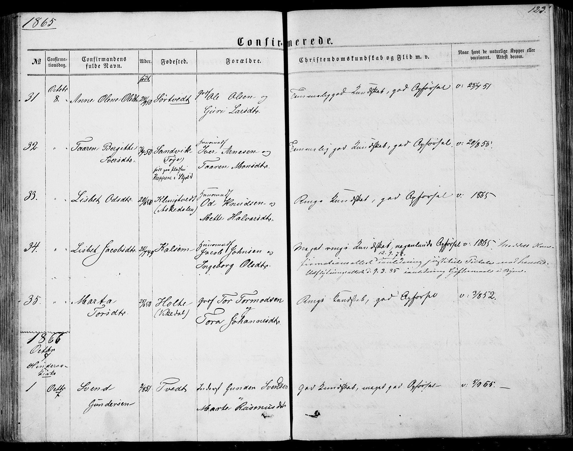 Nedstrand sokneprestkontor, SAST/A-101841/01/IV: Parish register (official) no. A 9, 1861-1876, p. 123